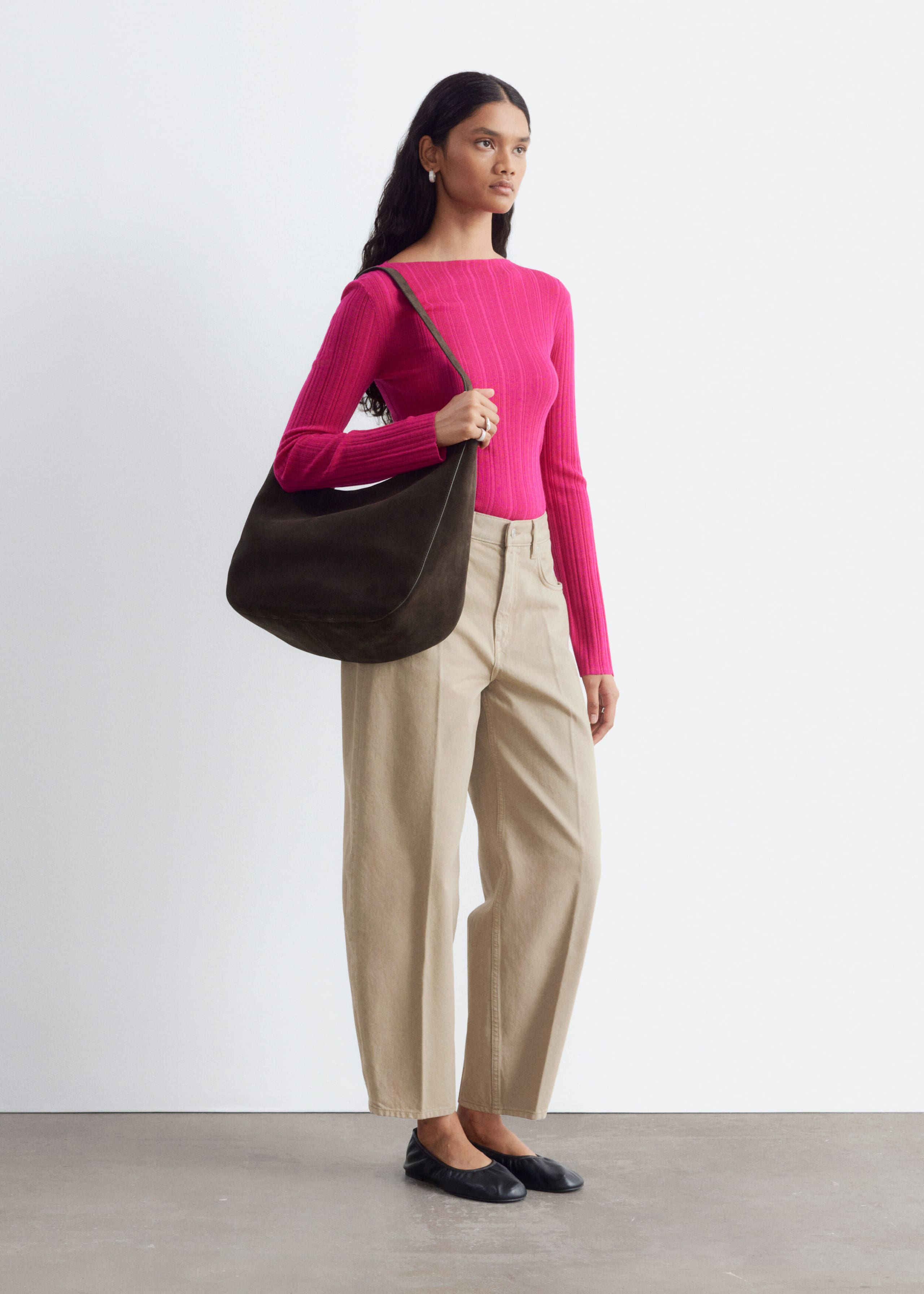 Rib-Knit Wool Boatneck Top - Bright Pink - Lookbook