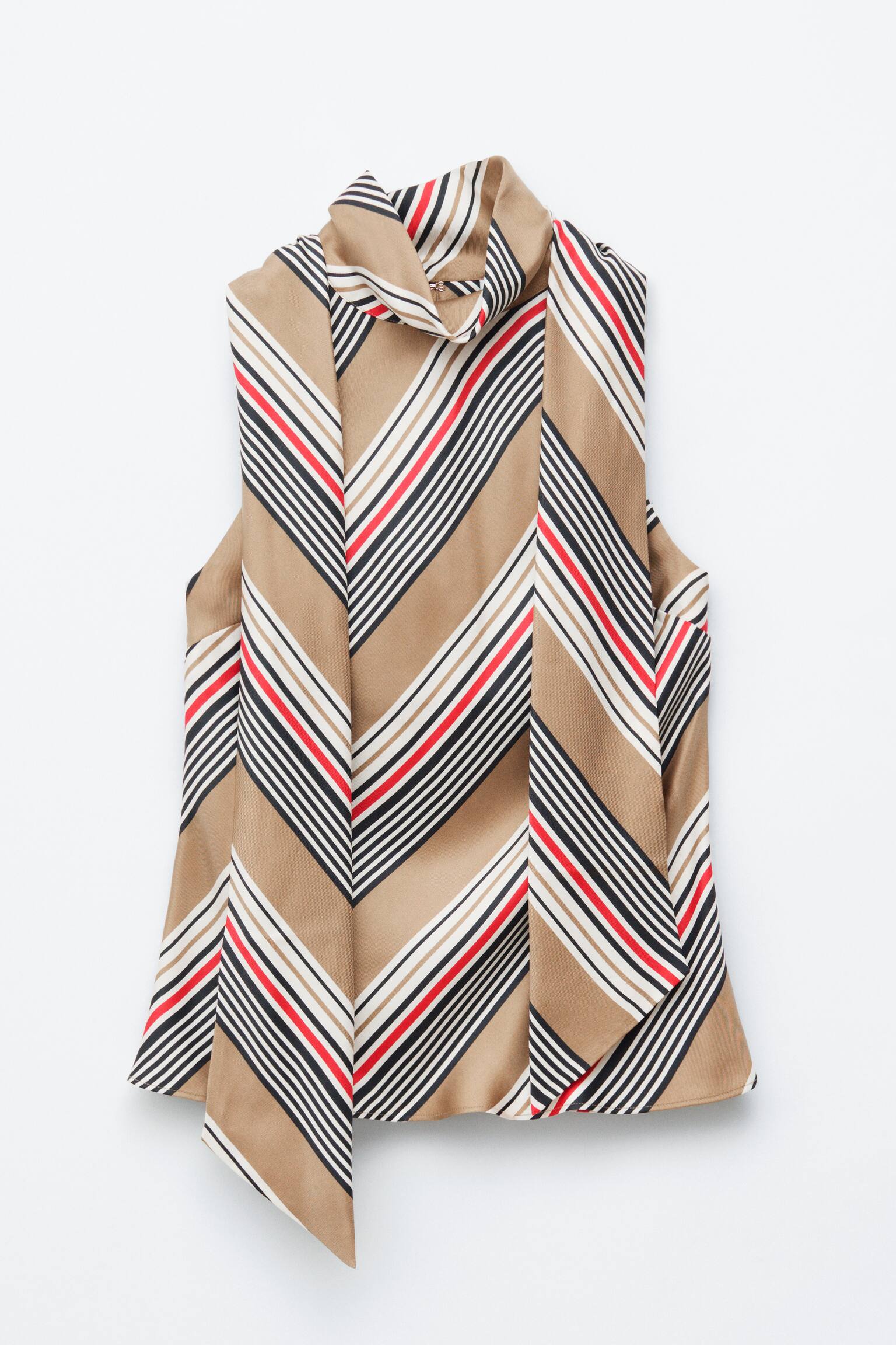 Top de seda con cuello de pañuelo - Beige/Rayas/Rojo/Estampado a cuadros - 2