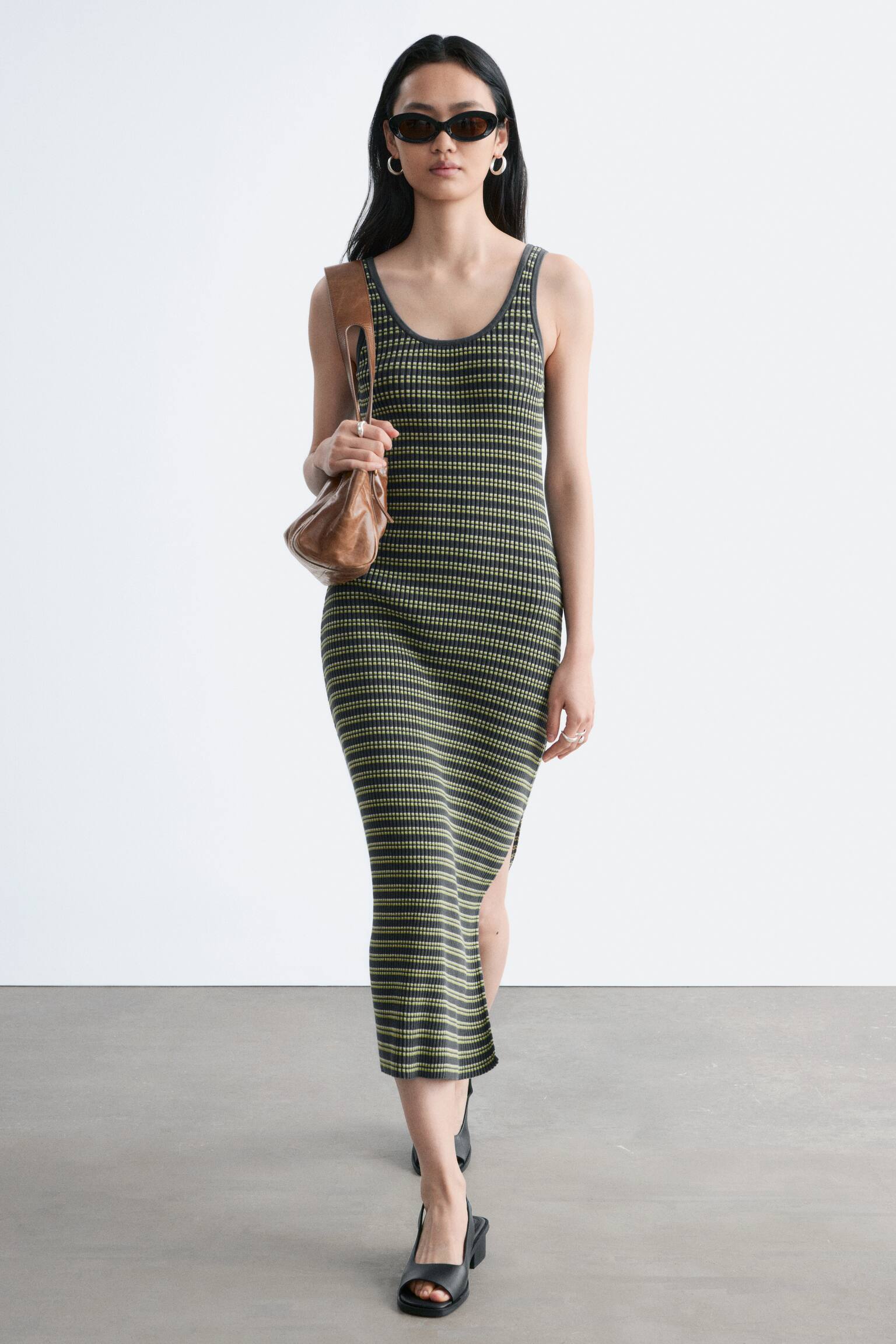 Striped Rib-Knit Midi Dress - Dark Grey/Yellow - 6