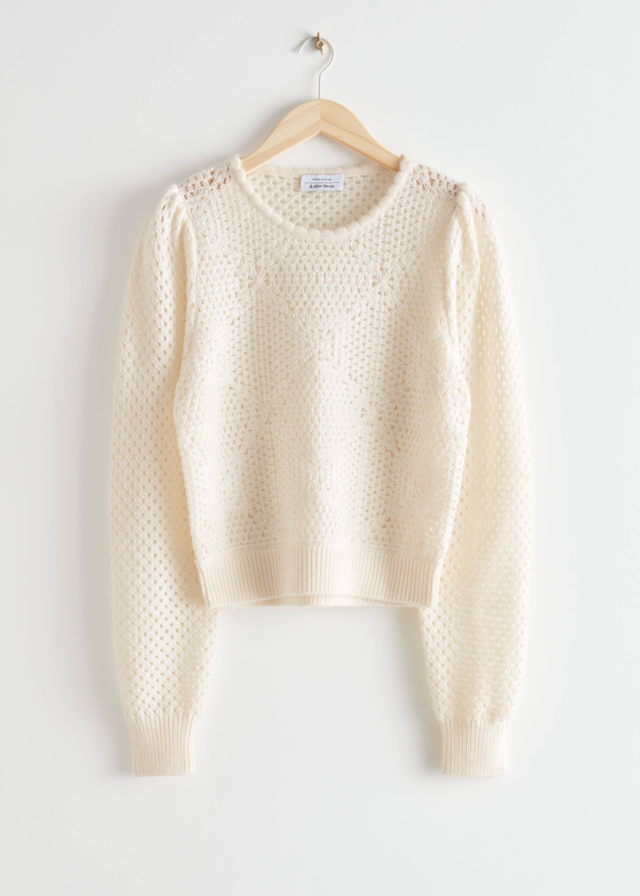 Crochet Knit Wool Sweater - White - Bodegón