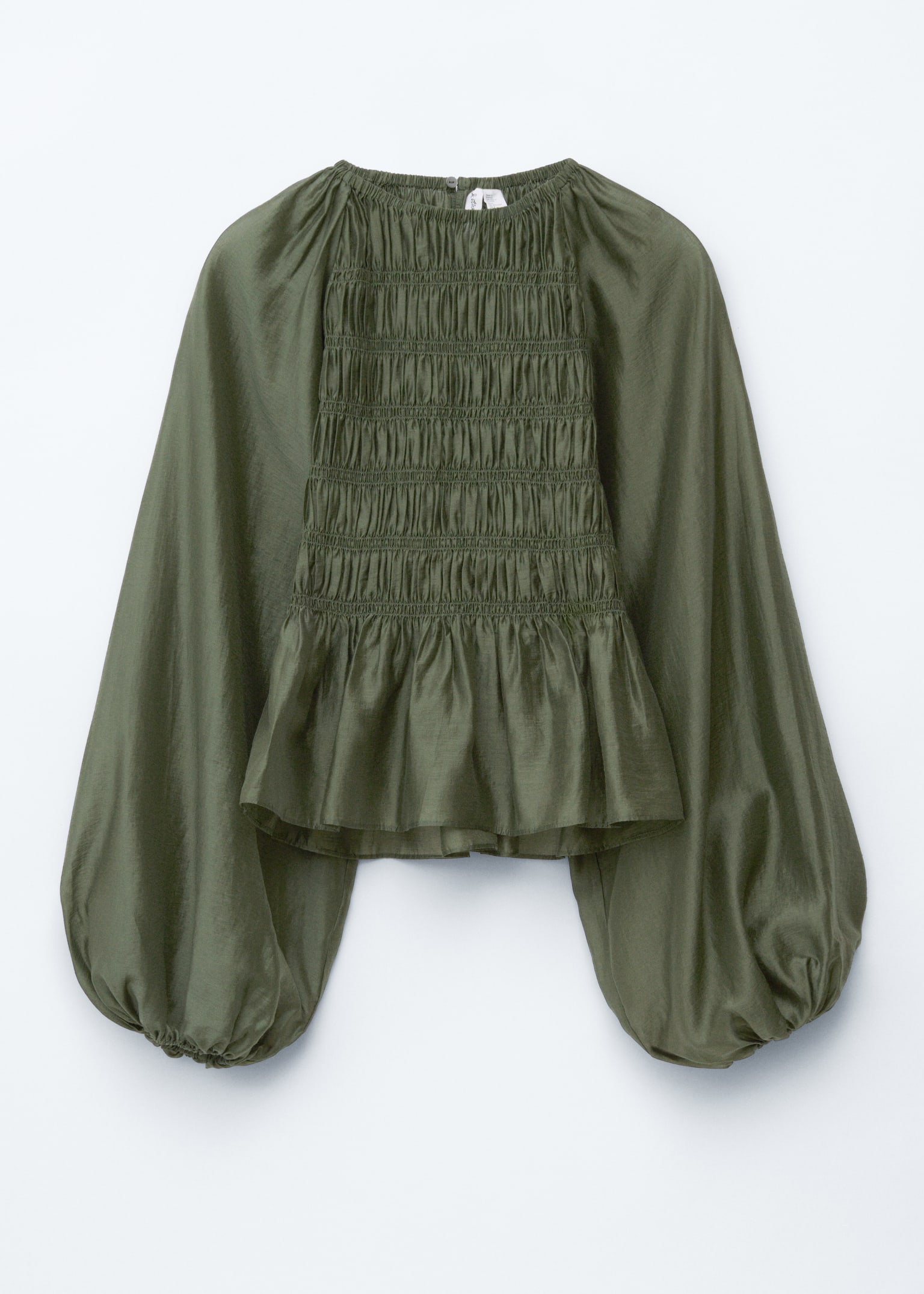 Balloon-sleeve Smocked Blouse - Dark Green/Black - 2
