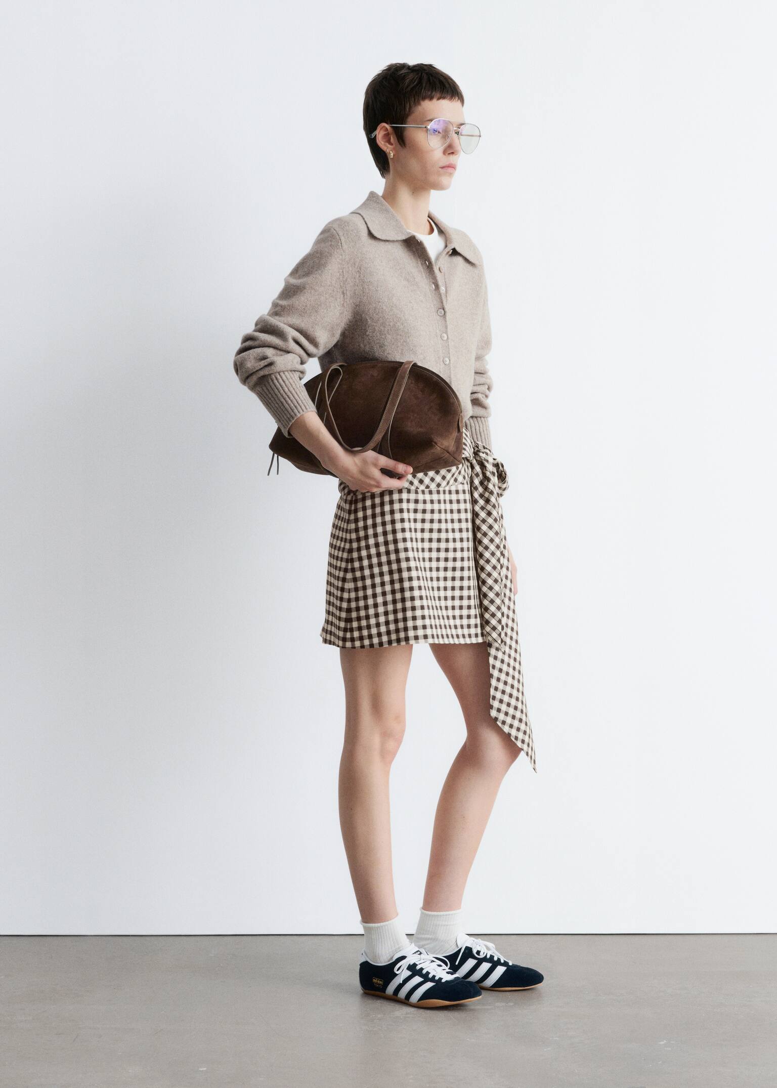 Cardigan en maille à col - Taupe/Blanc - 6