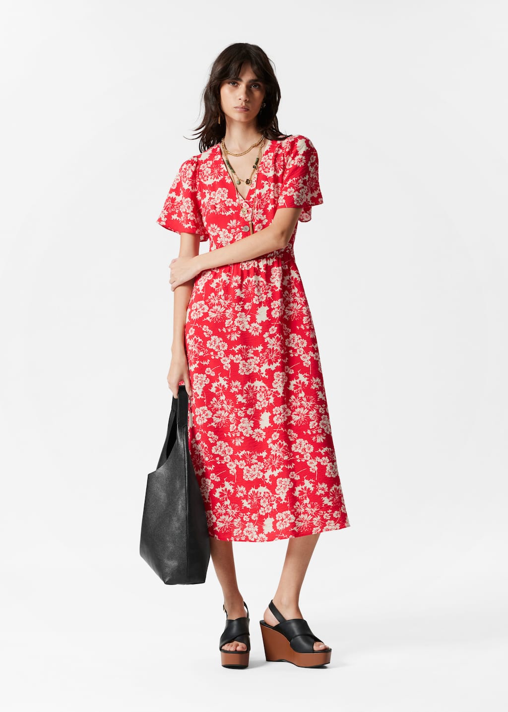 Vestido midi con mangas abullonadas - Estampado negro - Lookbook