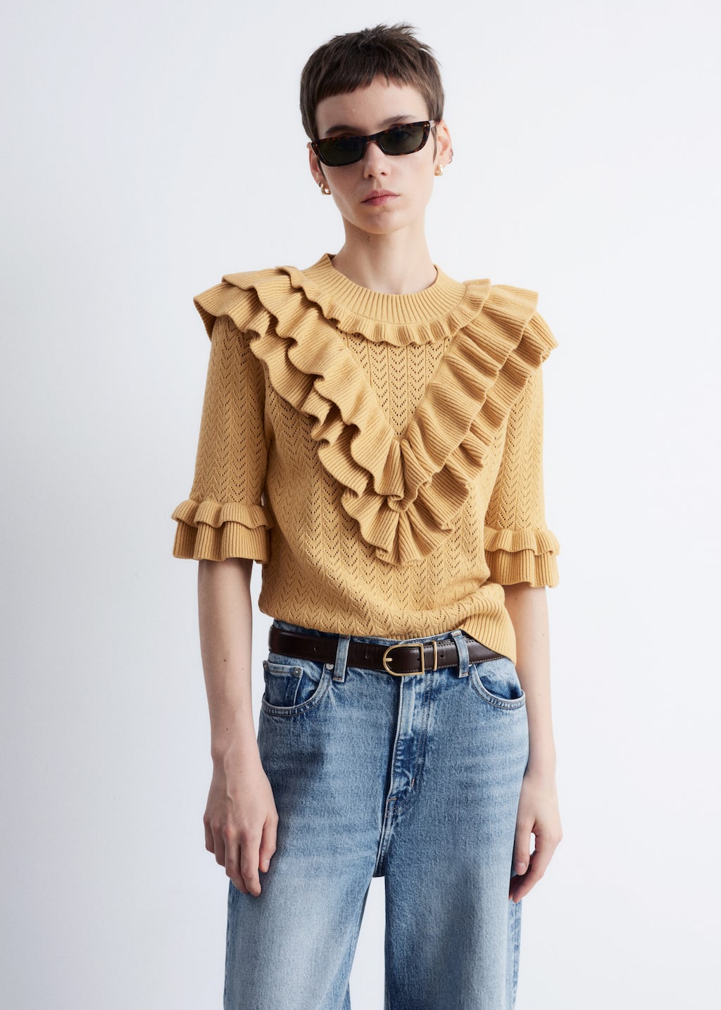 Image of Pointelle-Knit Ruffle Top