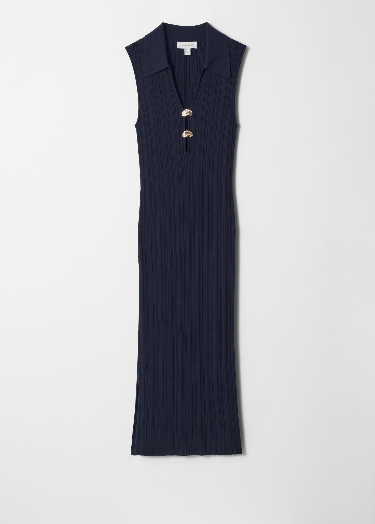Rib-Knit Collared Midi Dress - Albastru închis - 2
