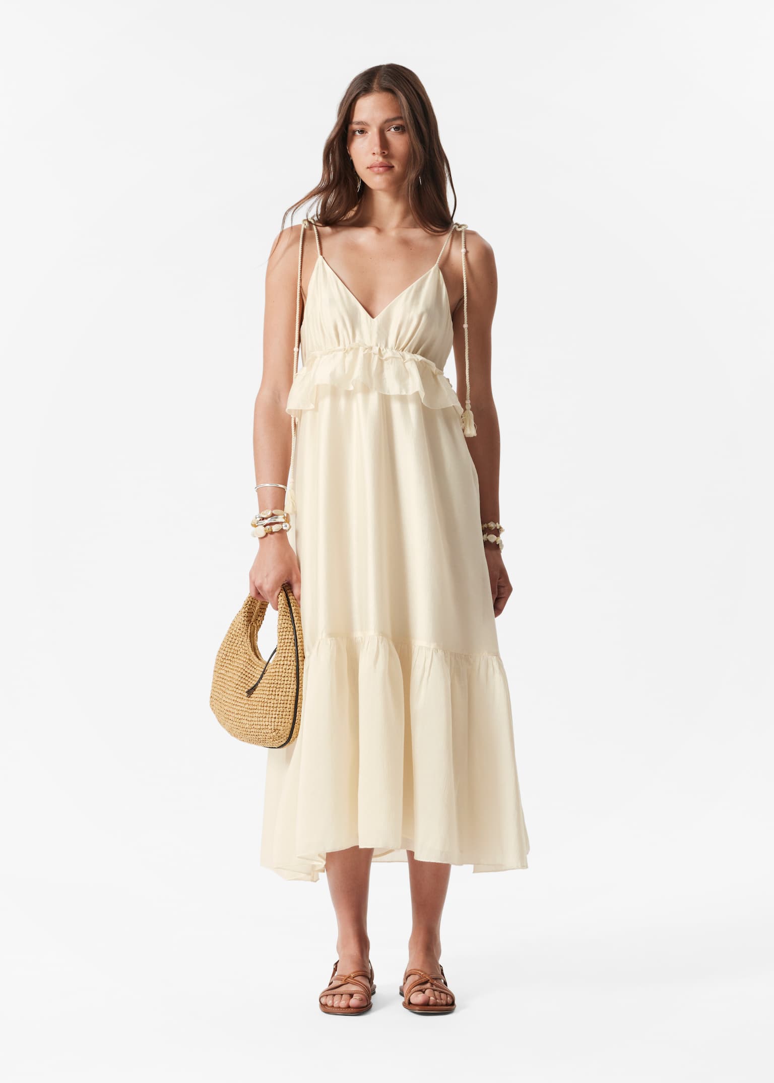 Robe midi à bretelles - Beige/Orange/Motif floral/Noir