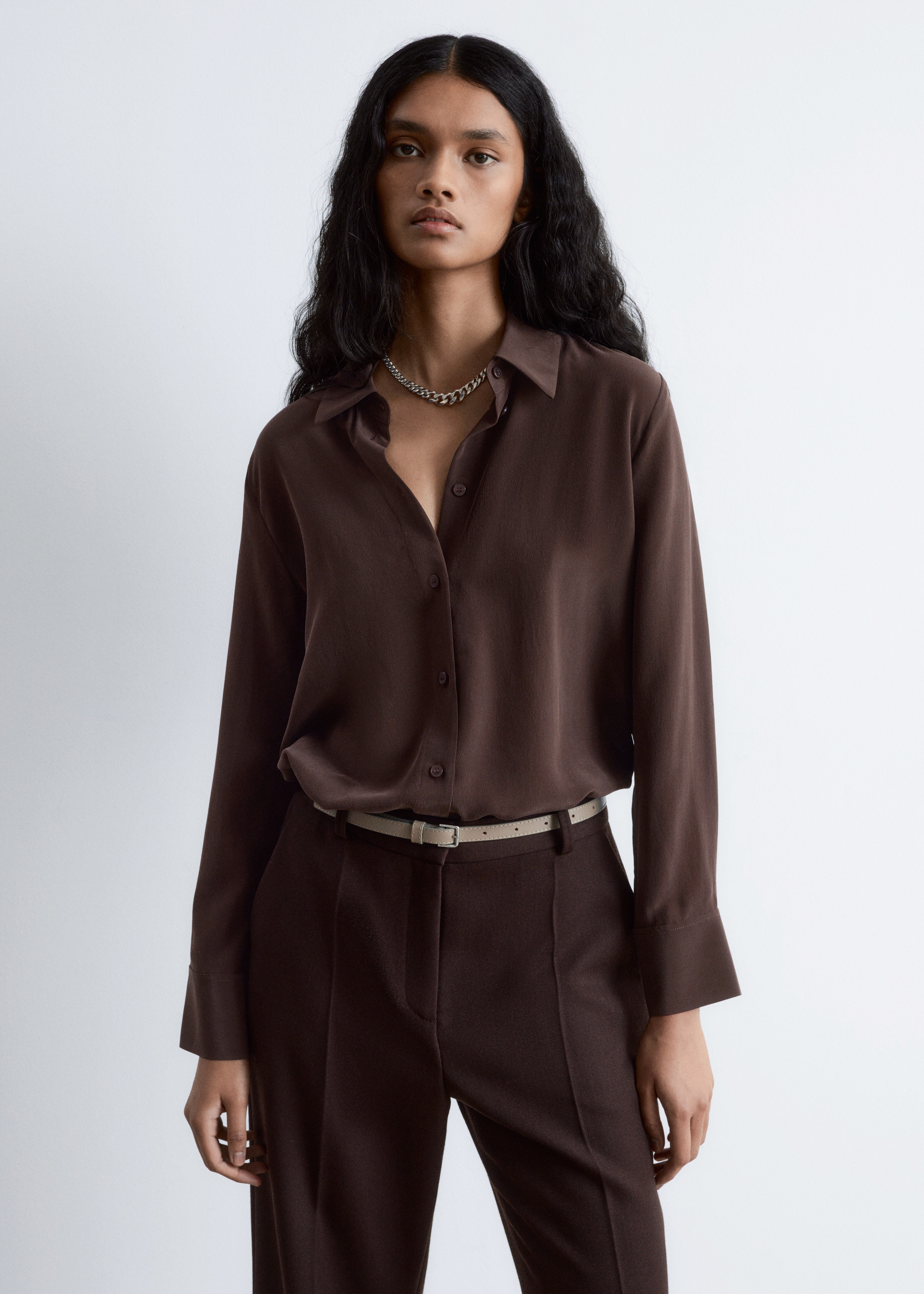 Sidenskjorta - Mörkbrun/Khakibrun/Mörkröd