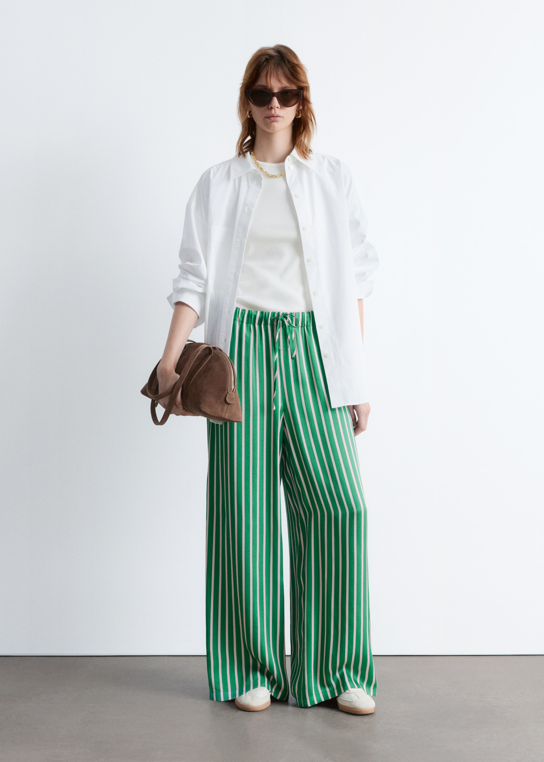 Ver imagem maior: Calças de cetim com cordão - Riscas Verdes/Rosa - SENHORA | H&M PT 1