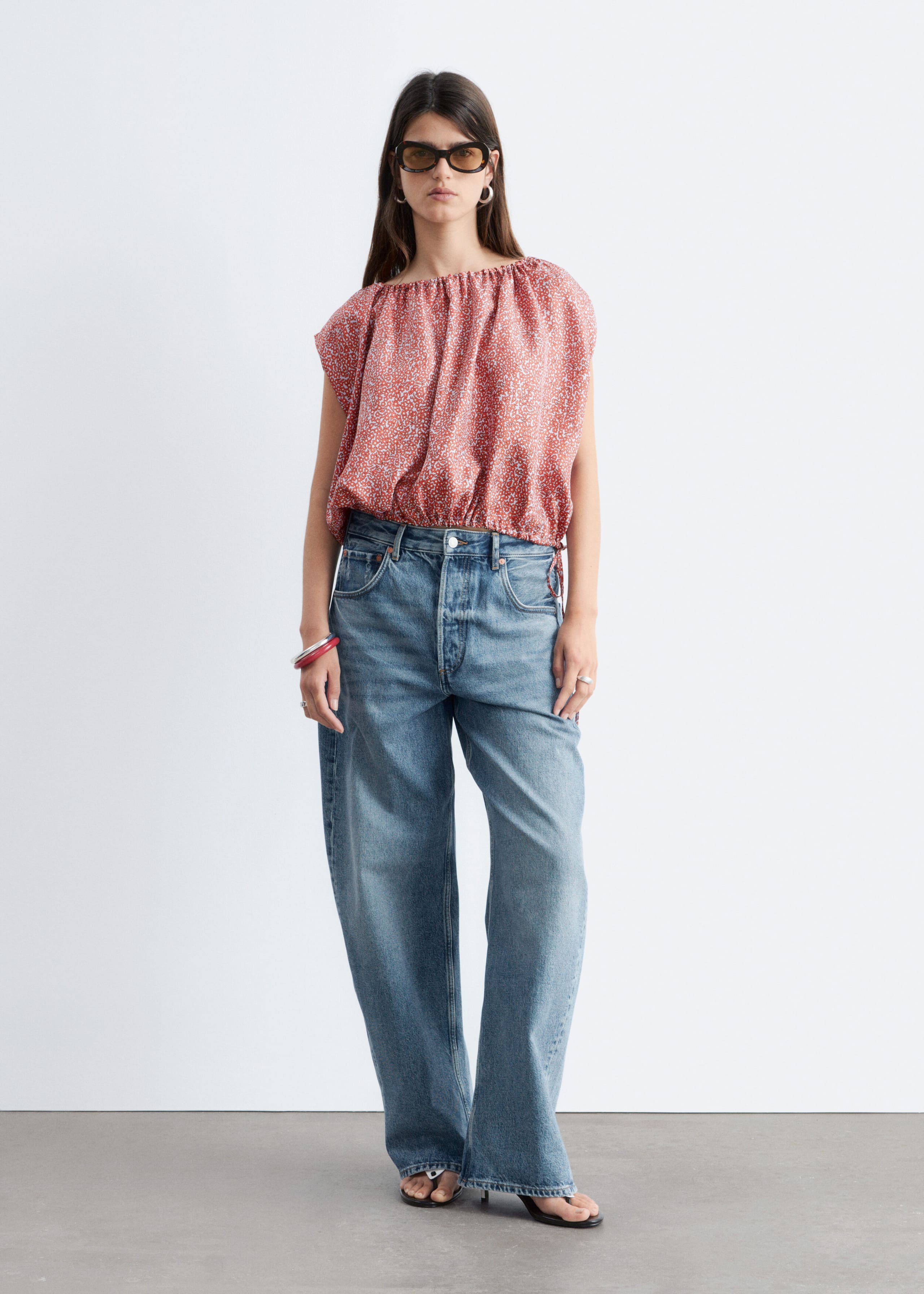 Printed Drawstring Silk Top - Muted Red/Florals - Lookbook
