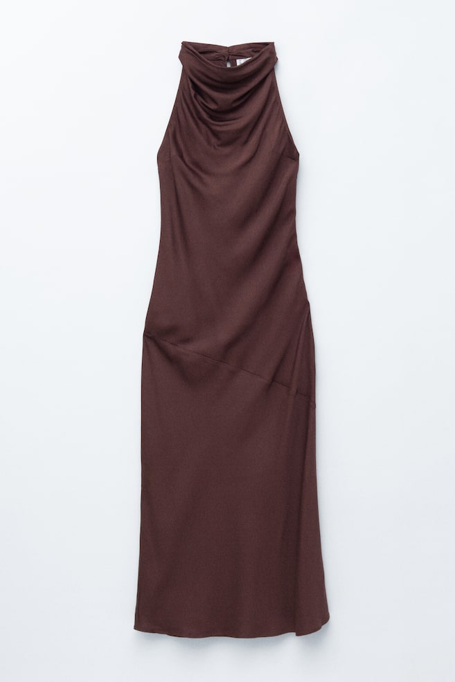Cowl-Neck Satin Midi Dress - Dark Brown - 1