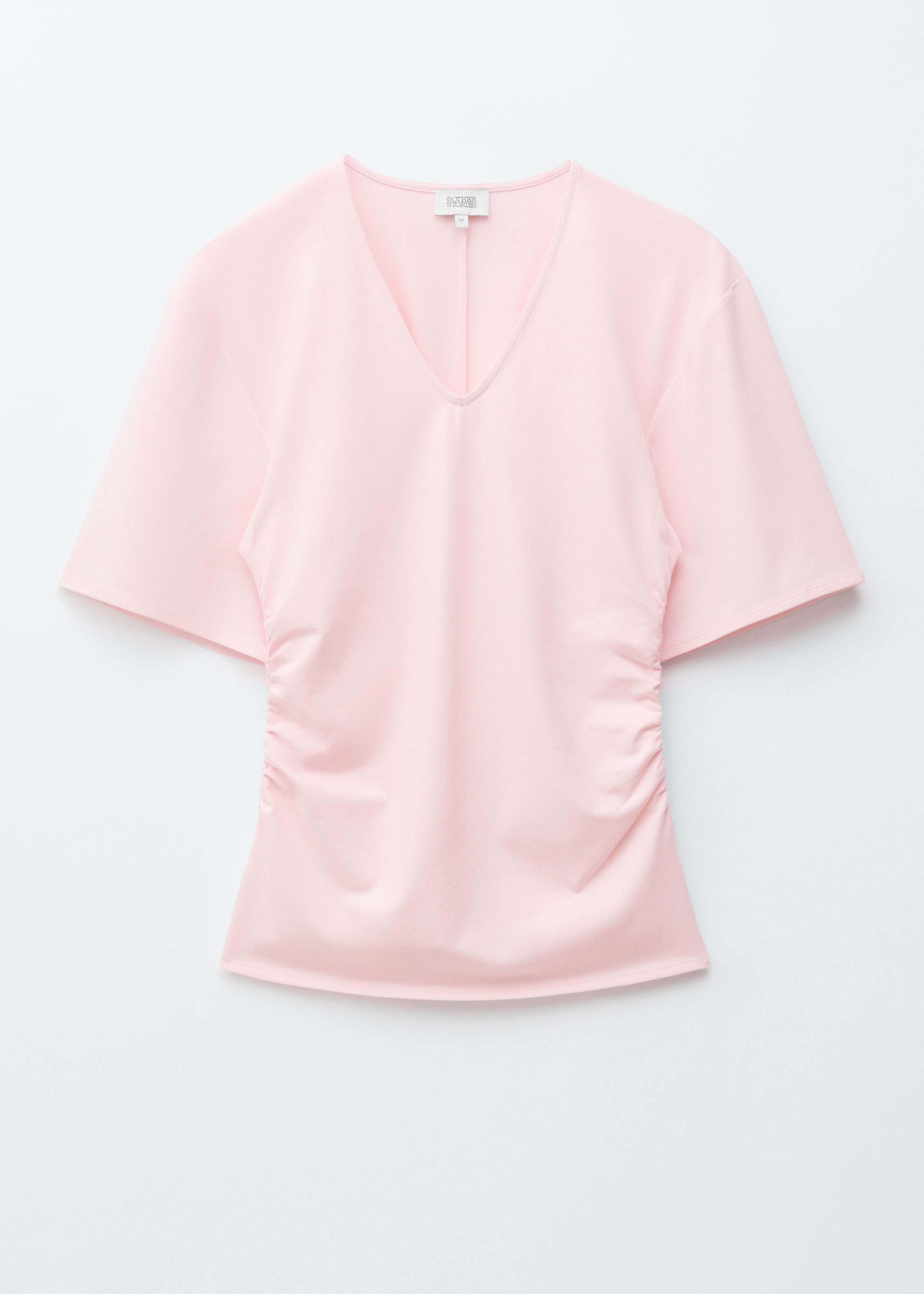 Tricou cu decolteu în V și adunături - Roz/Maro Închis/Gri