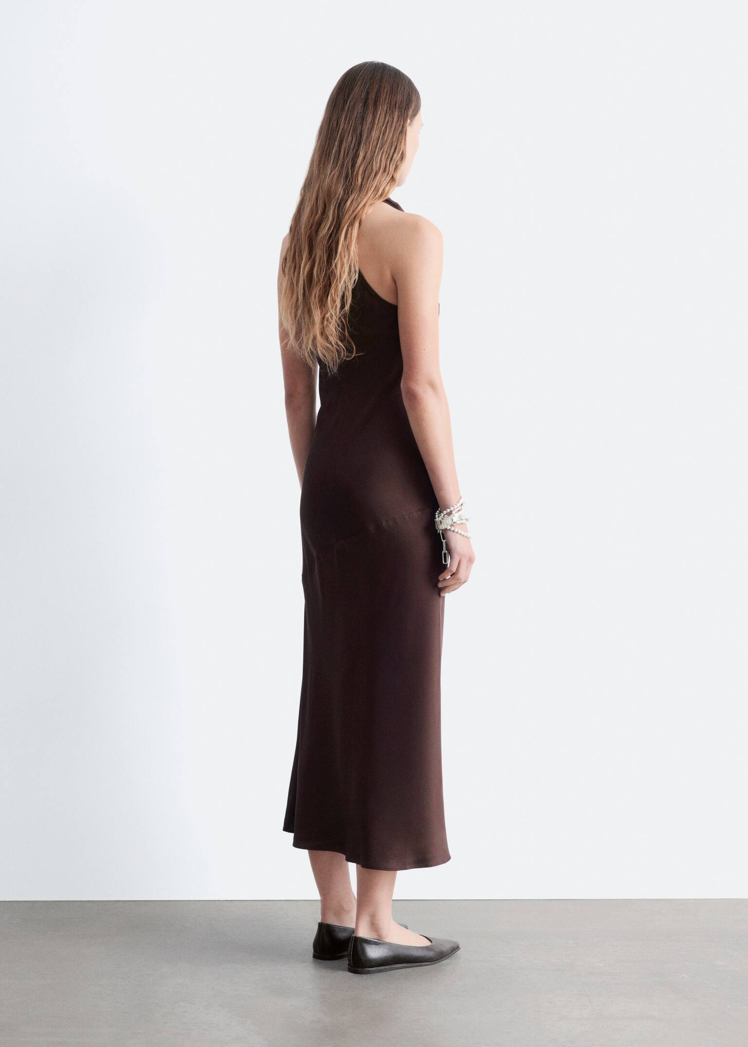 Cowl-Neck Satin Midi Dress - Dark Brown - 5