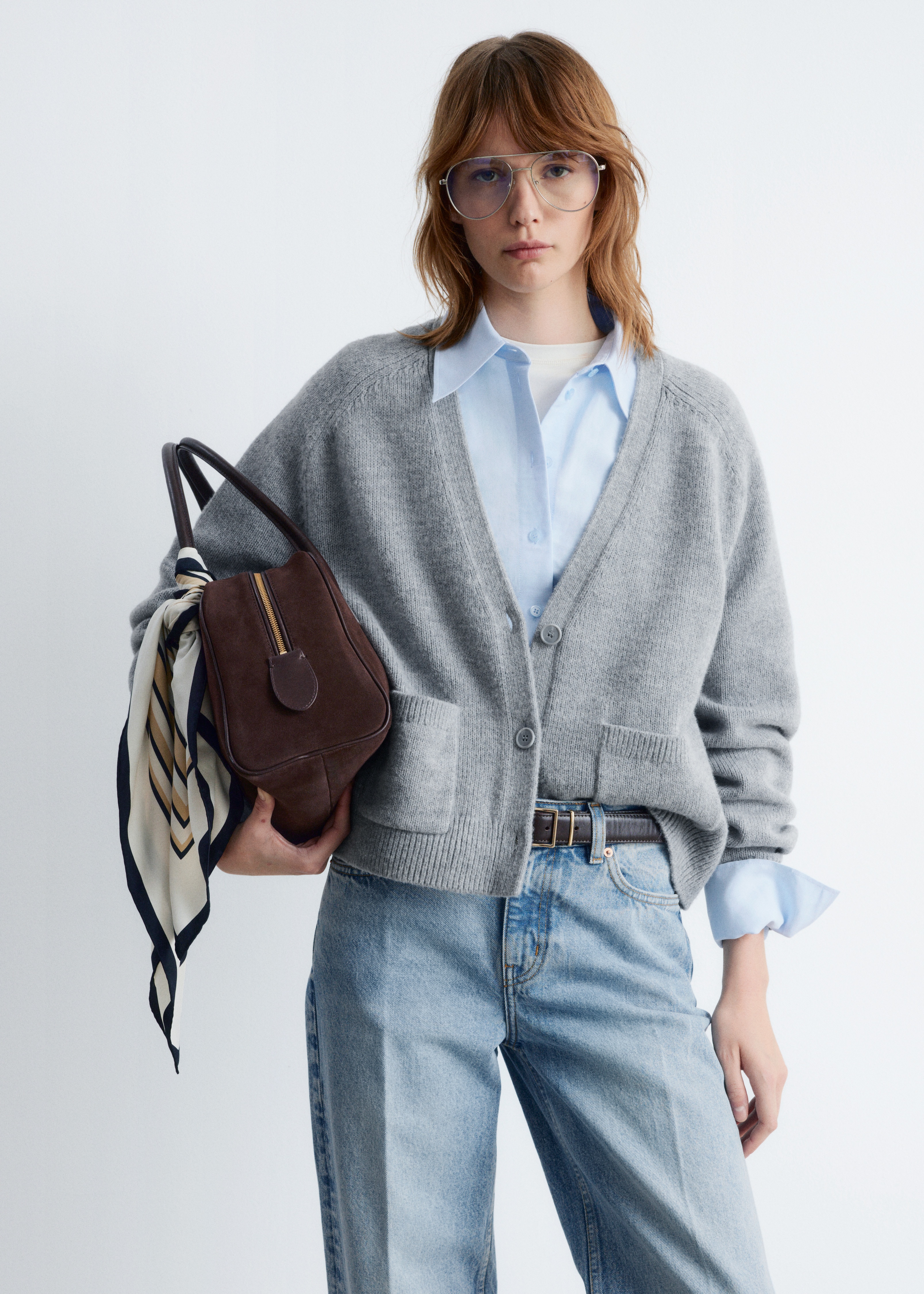 Kardigan z naszywanymi kieszeniami - Szary/Kremowy