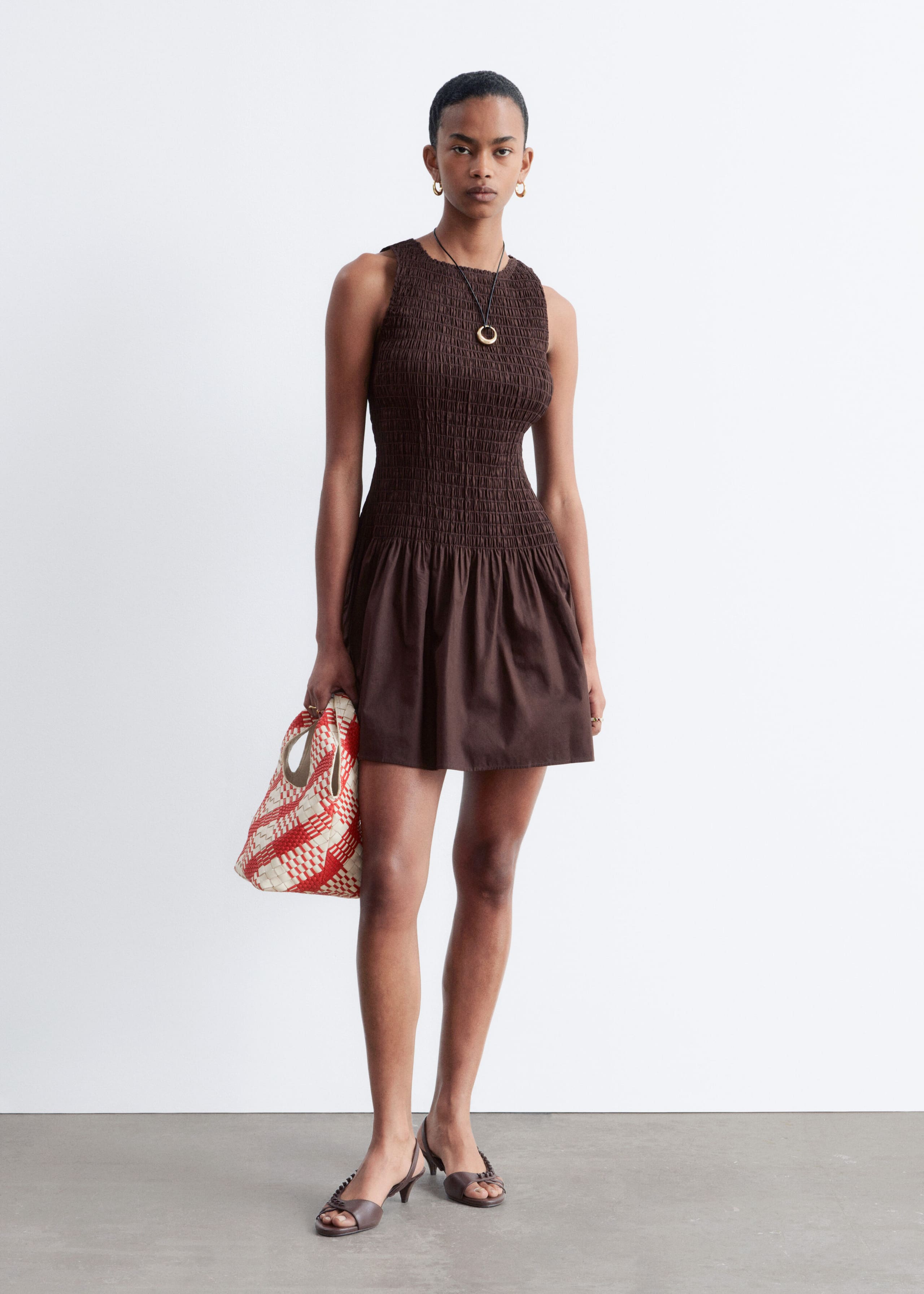 Smocked Cotton Poplin Mini Dress - Dark Brown - Lookbook