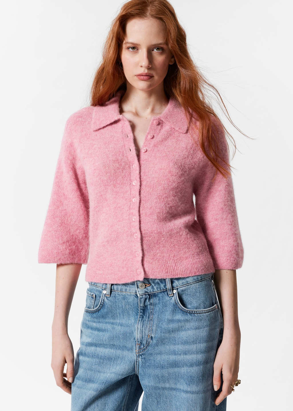 Alpaca-Blend Short-Sleeve Cardigan - Pink - Lookbook