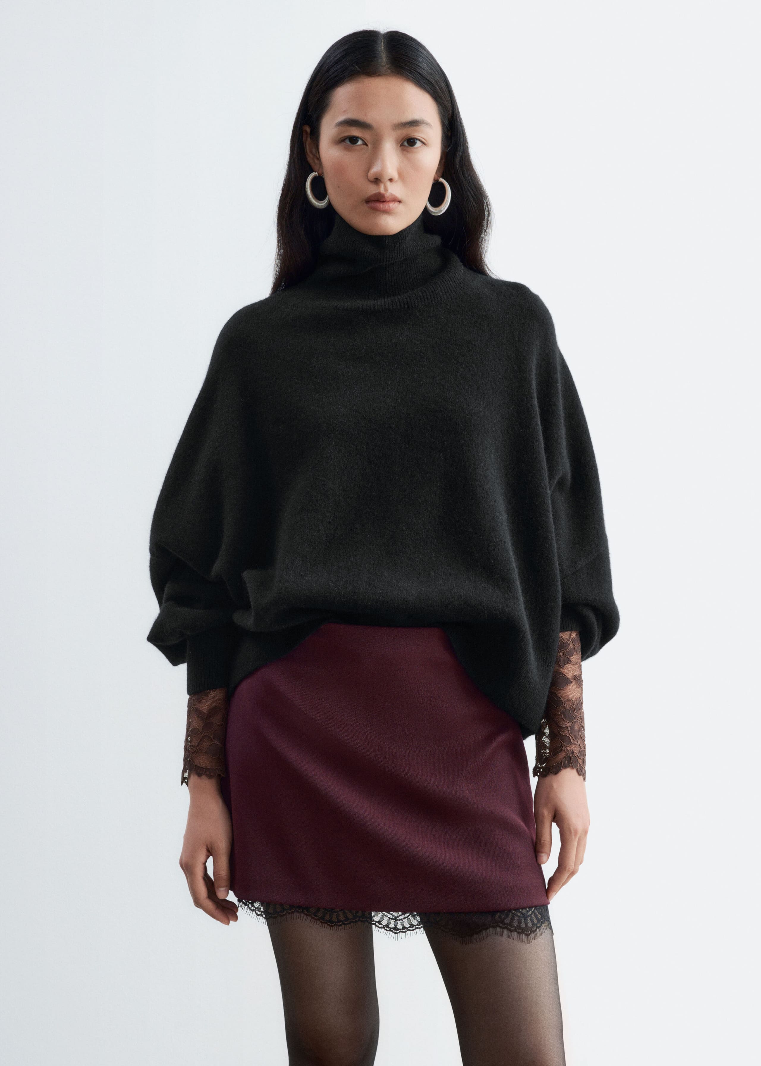 Lace-Trim Mini Skirt Dark Red