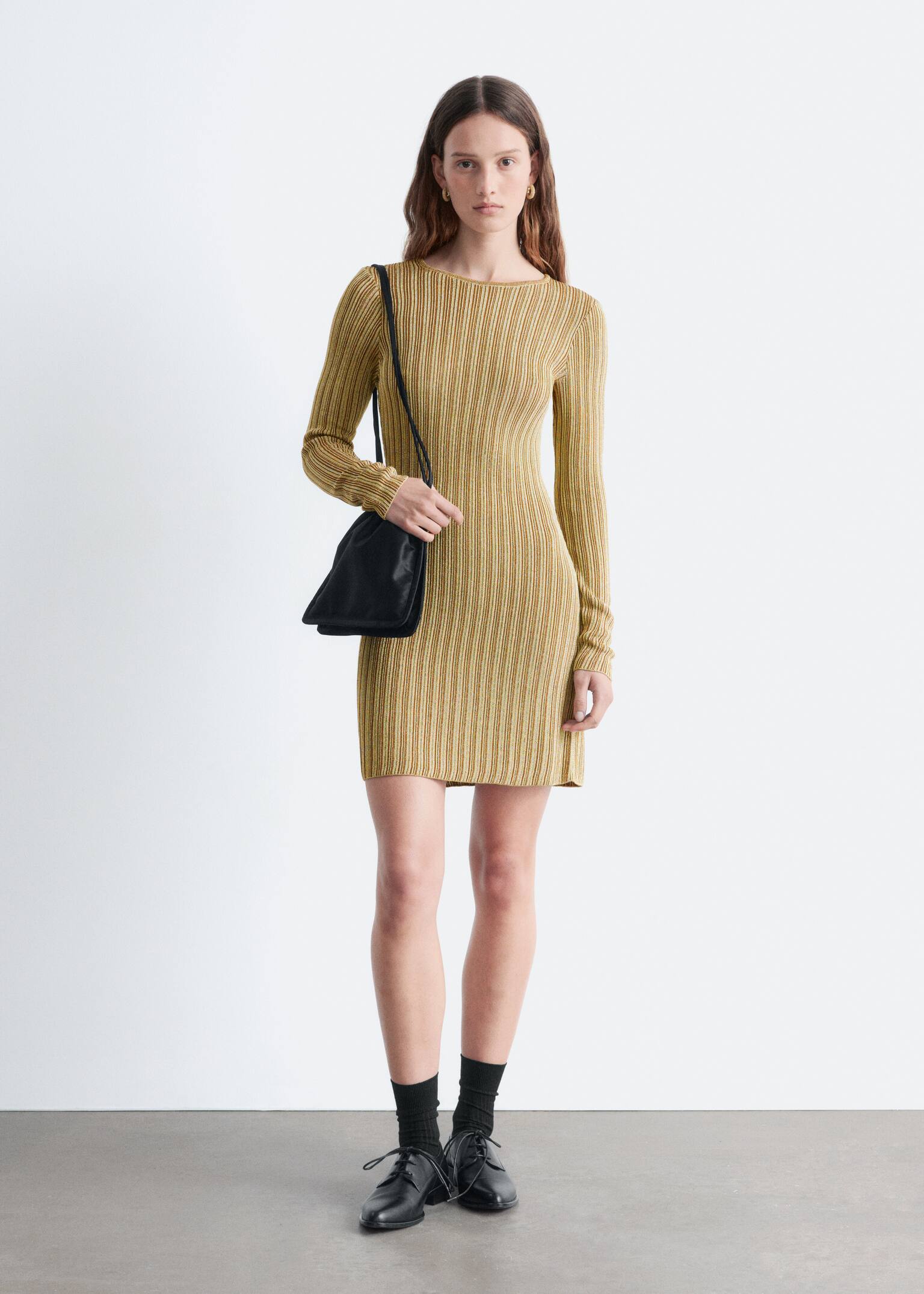 Long-Sleeve Rib-Knit Mini Dress - Gold - 1
