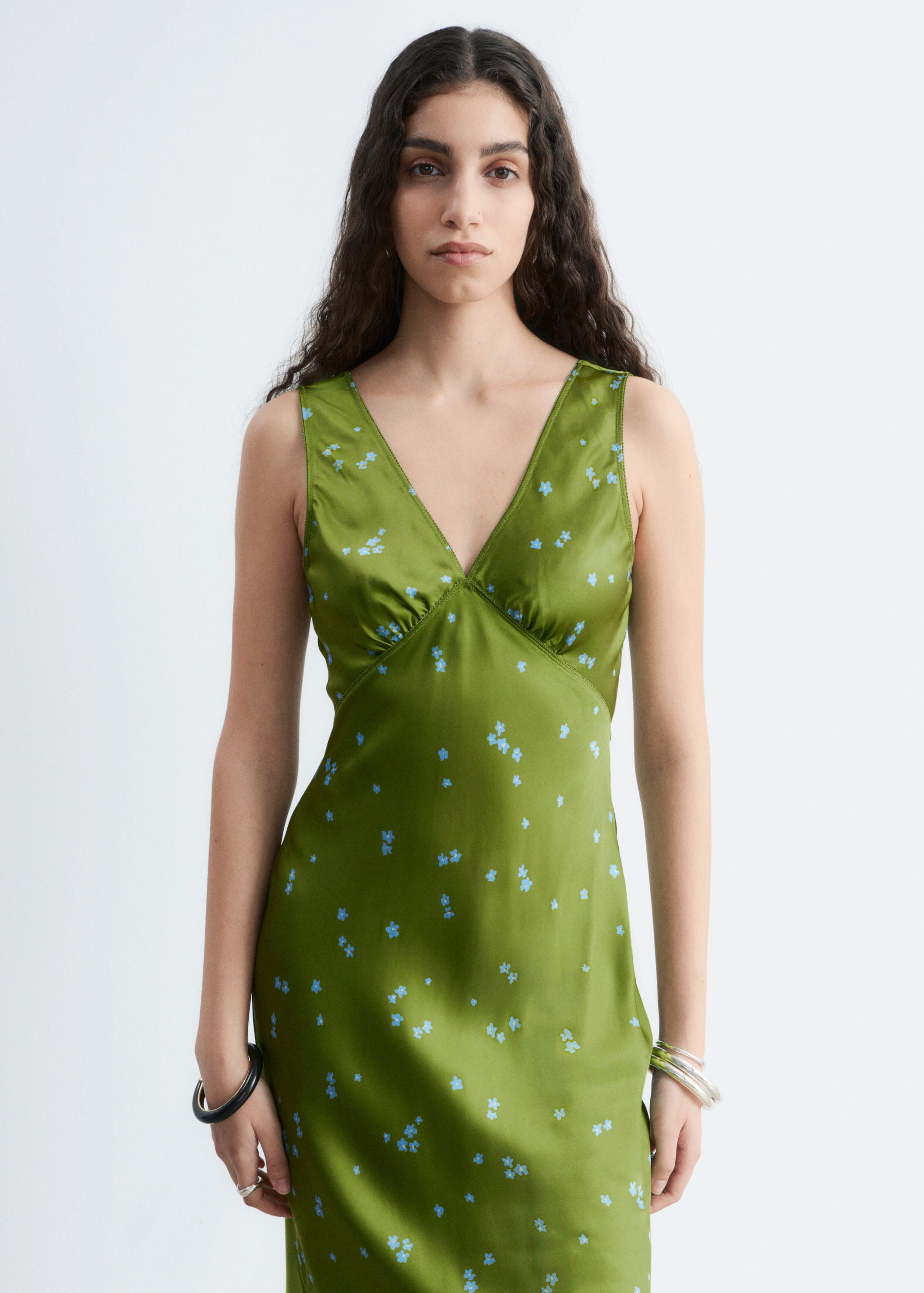 Floral V-Neck Midi Dress - Green/Blue Florals - Lookbook