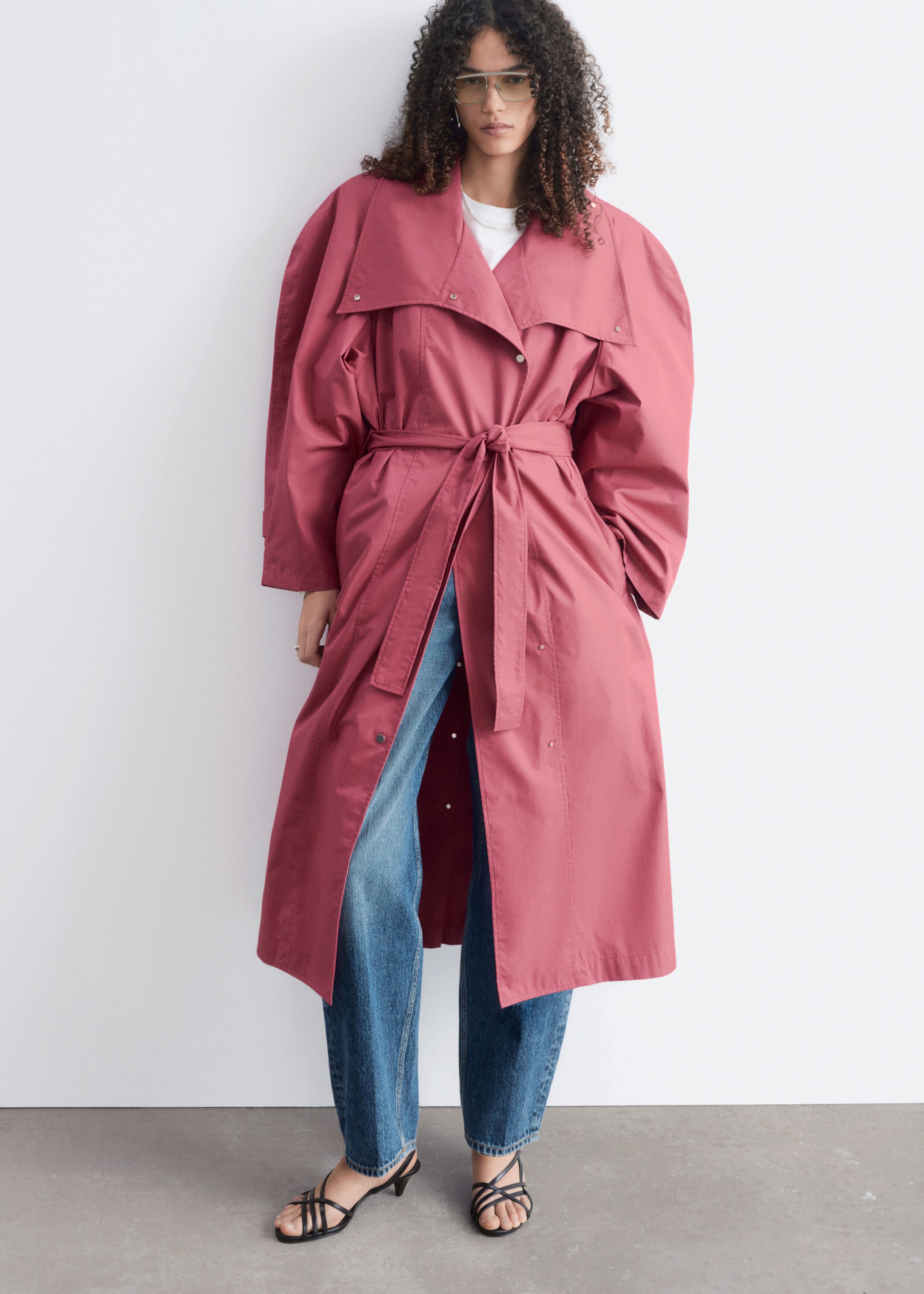 Bold-Shoulder Belted Coat - Pink - Lookbook