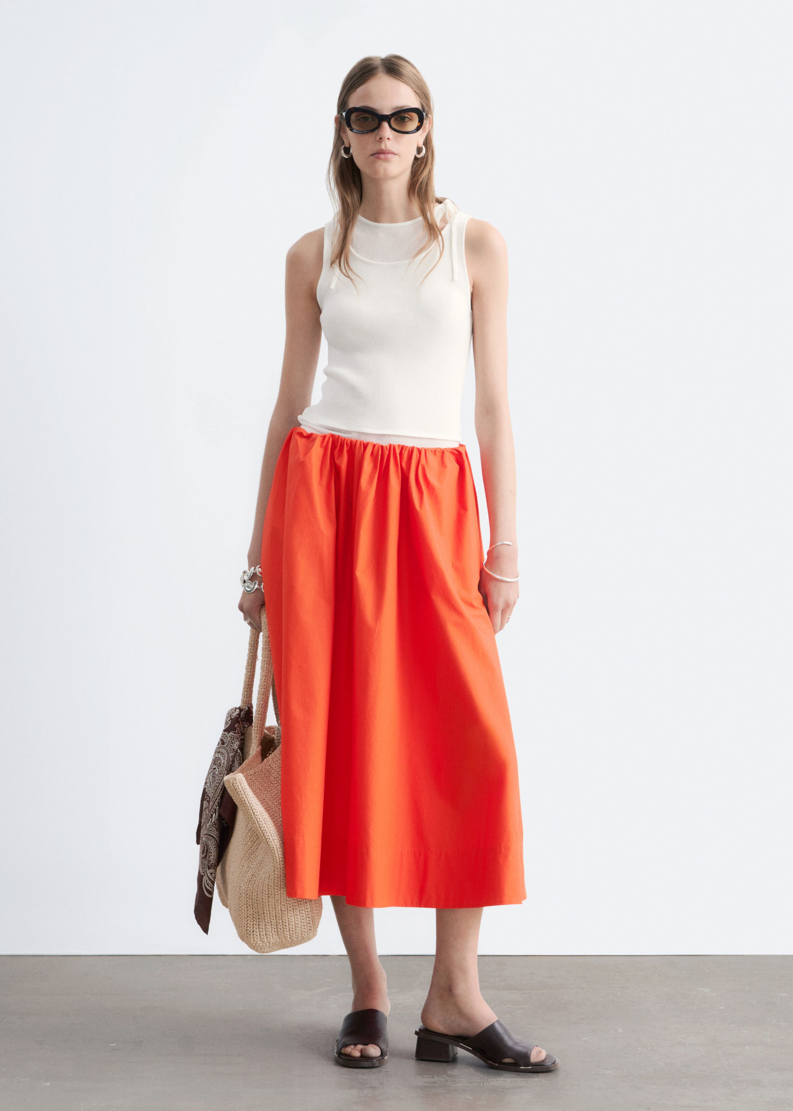 Cotton Midi Skirt - Bright Orange - Lookbook