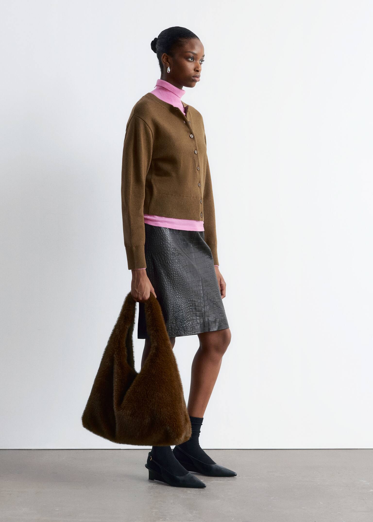 Gyapjúkeverék kardigán - Világosbarna/Sötétvörös/Fekete - 3