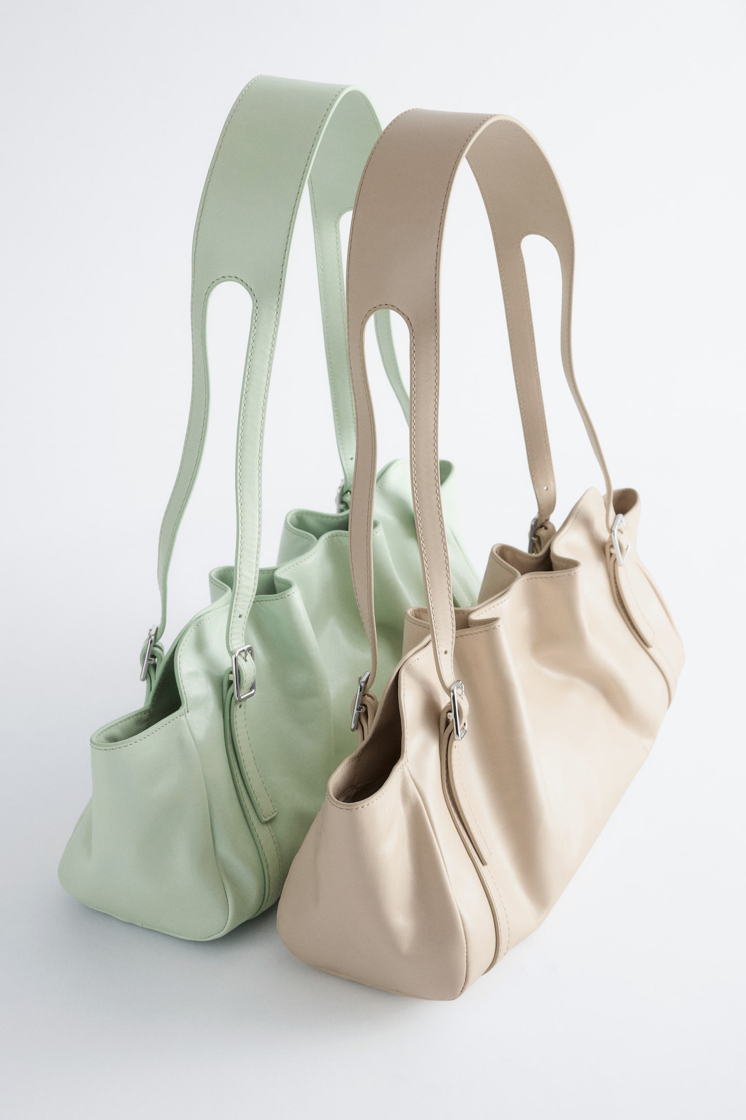 Bolso de hombro de perfil bajo en piel - Beige/Mint - 5
