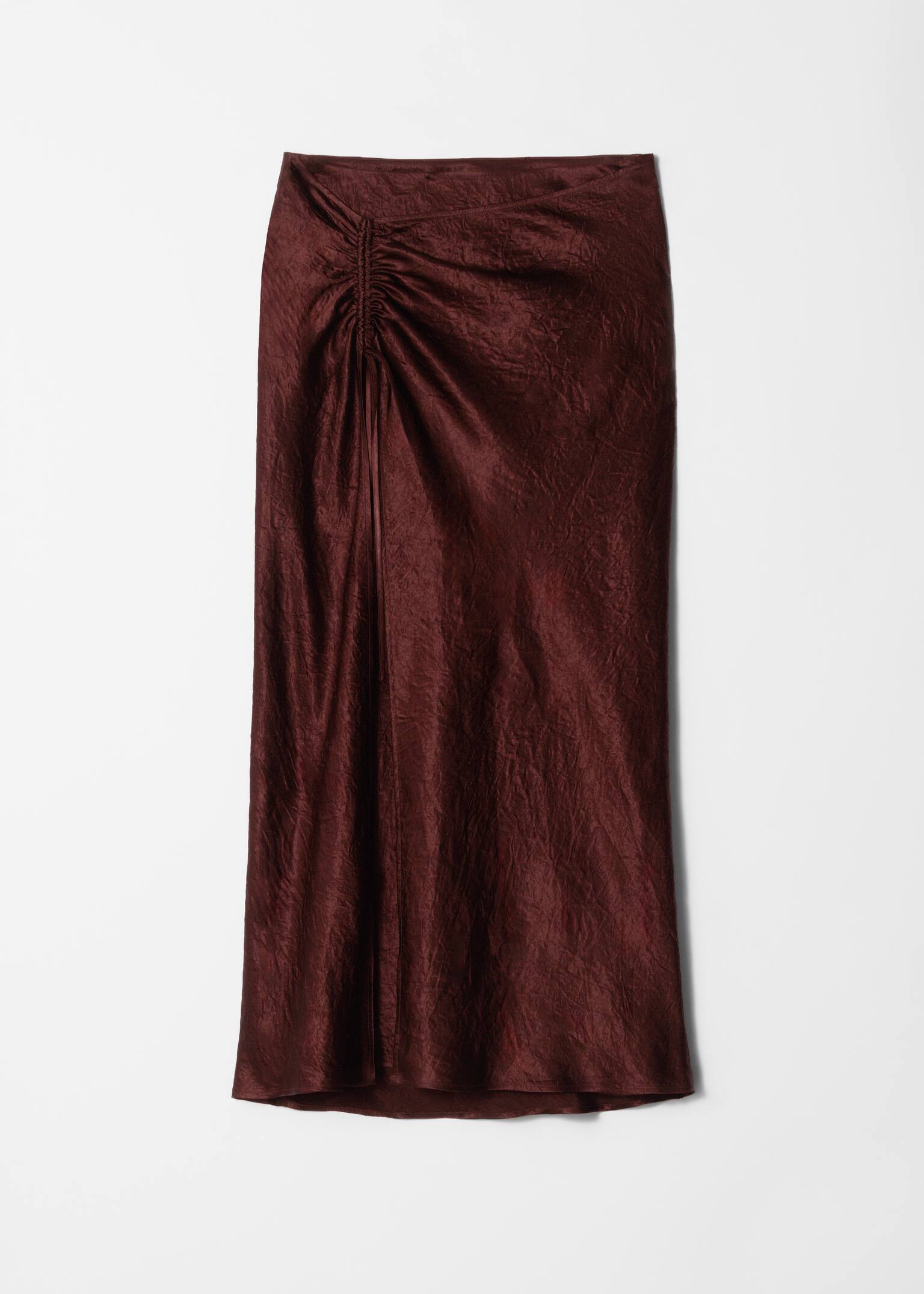 Drawstring Satin Midi Skirt - Dark Red/Sage Green - 2