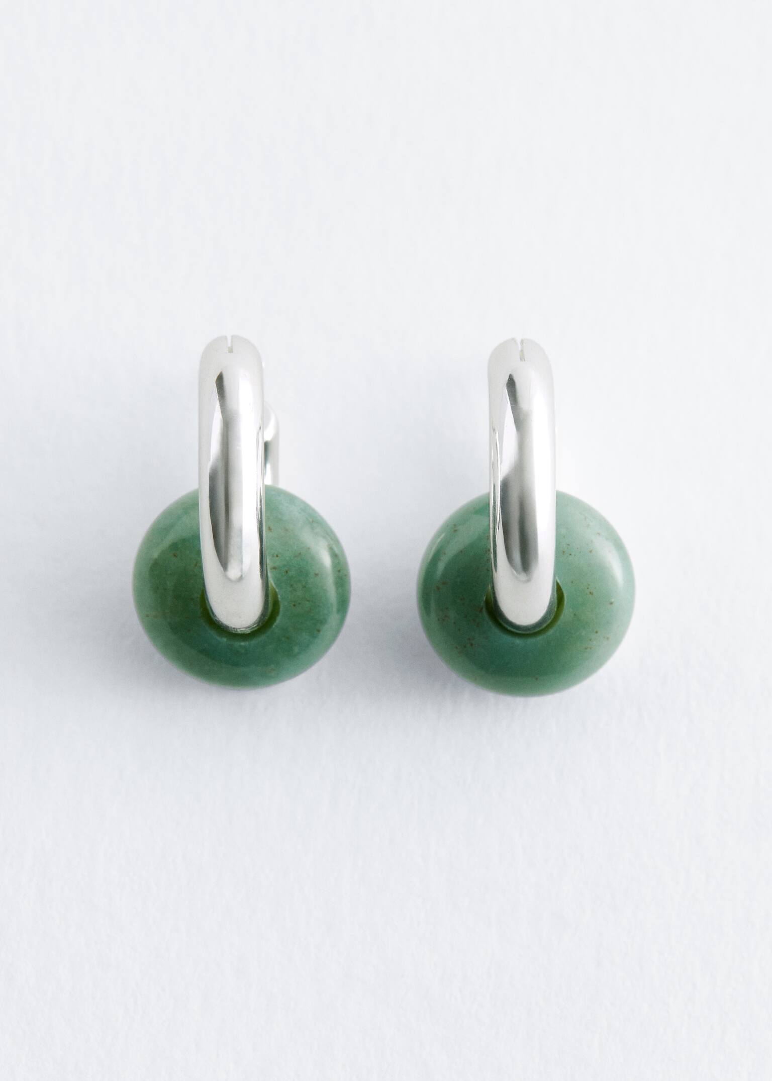 Stone Bead Hoop Earrings - Argintiu/Verde - 3