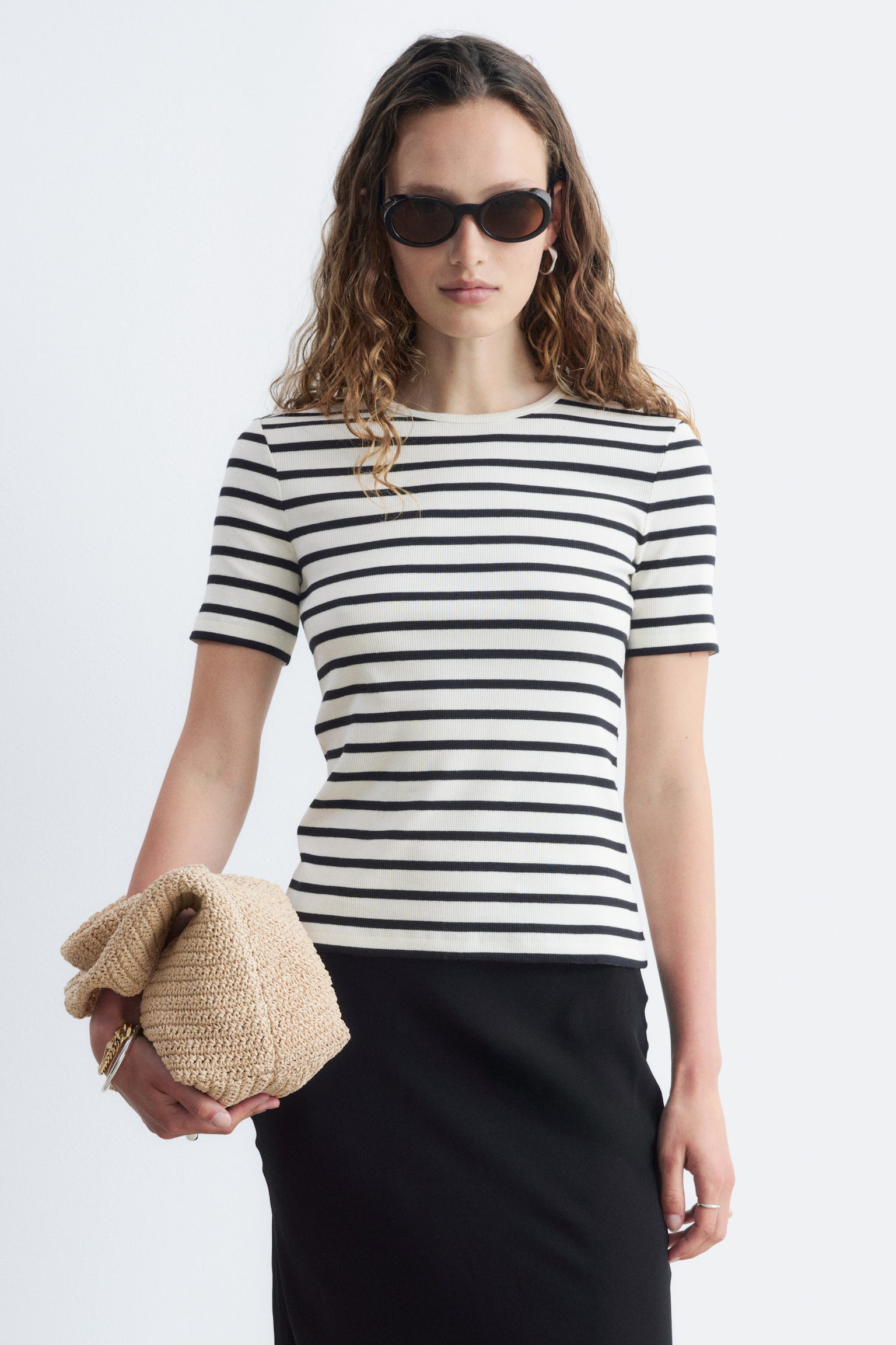 T-shirt côtelé - Blanc/Rayé/Jaune clair/Gris chiné/Noir/Rouge foncé/Blanc/Marron foncé/Brun/Rayures - 1
