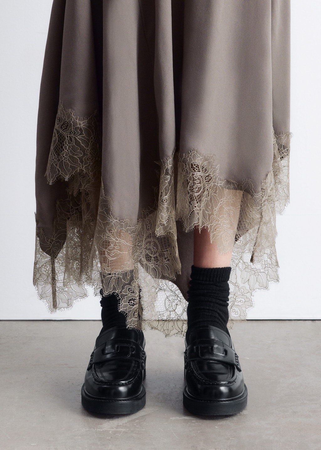 Image of Asymmetrical Lace-Trimmed Midi Skirt