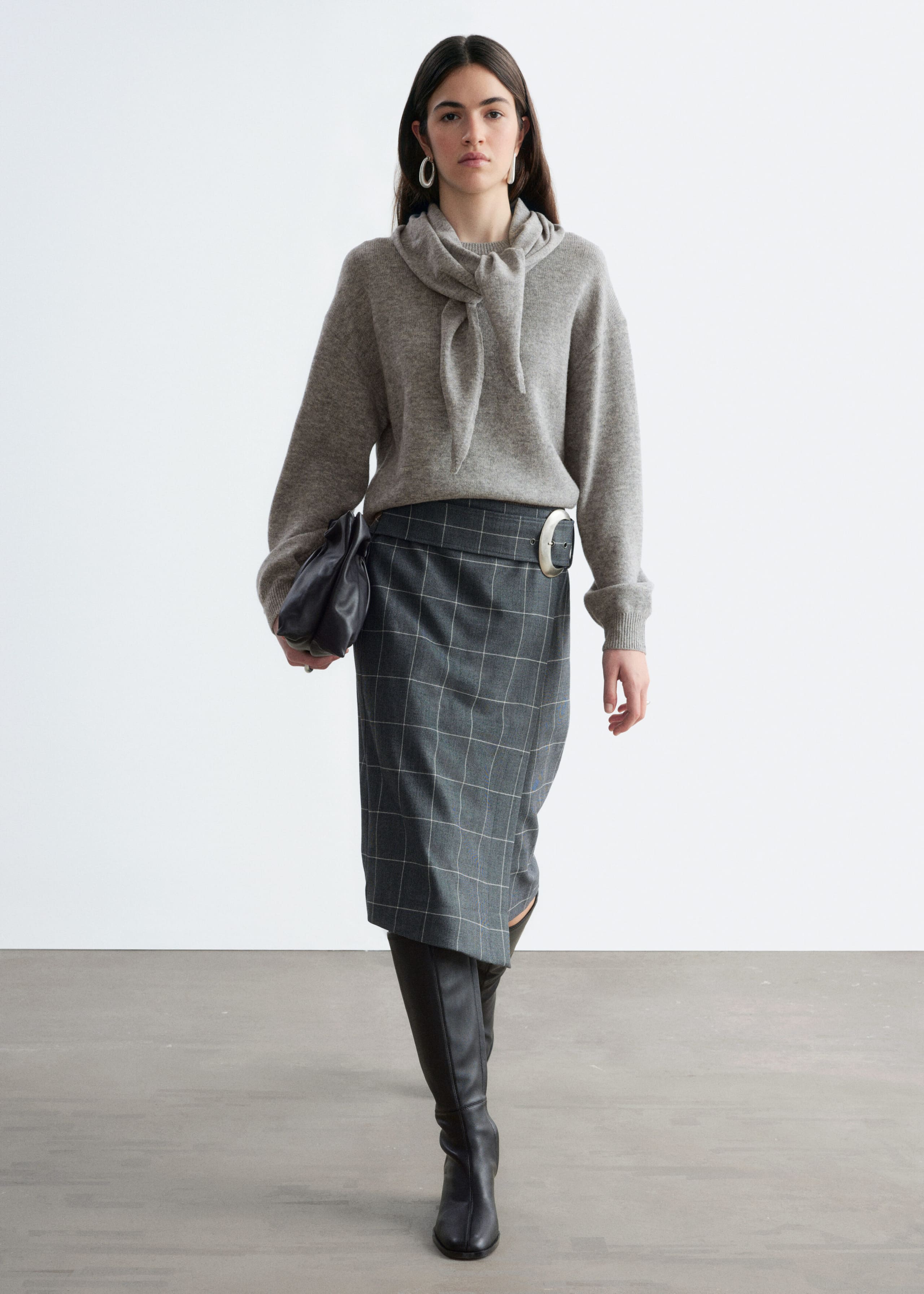 Merino Wool Scarf Neck Jumper - Grey - Lookbook