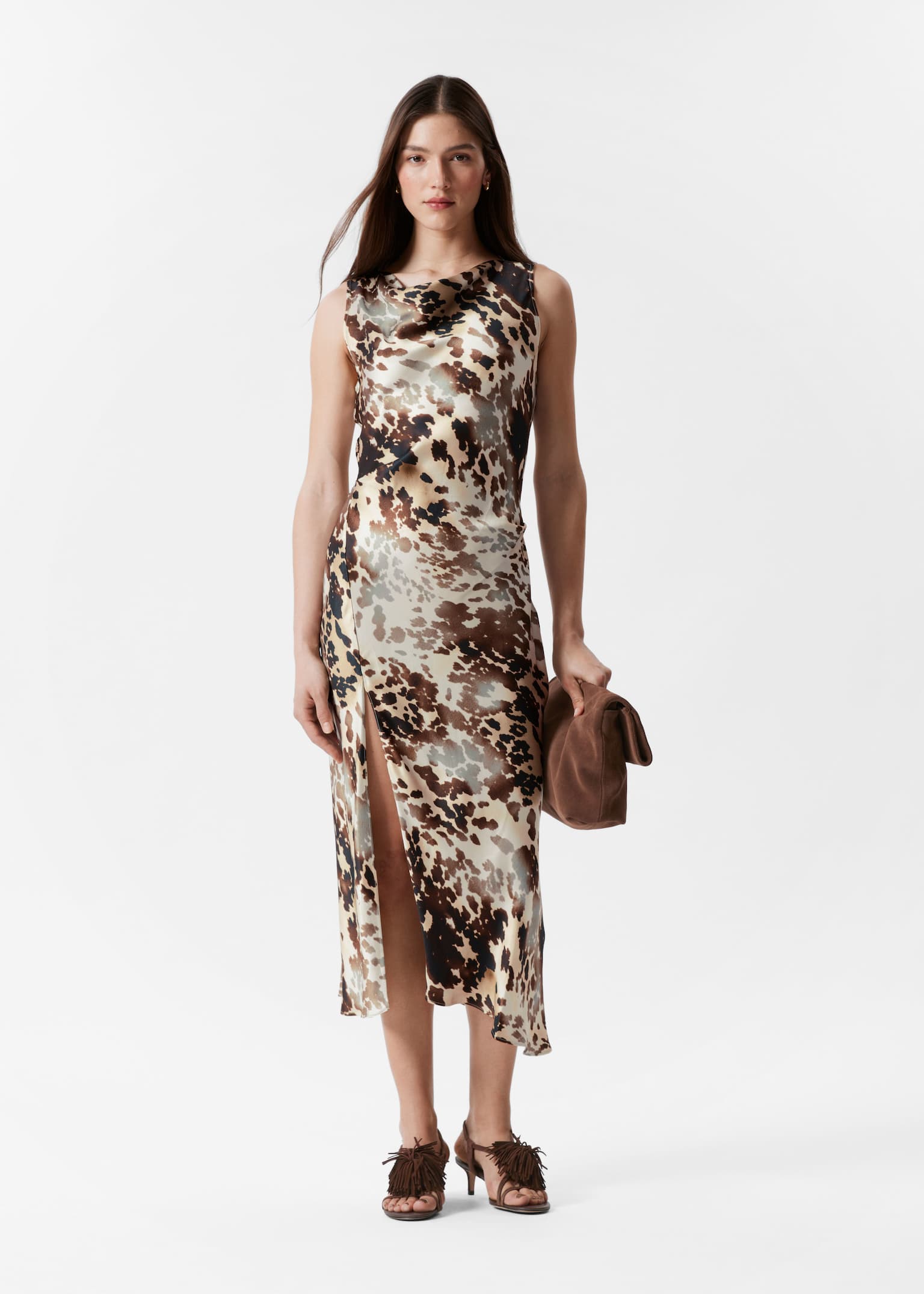 Robe midi drapée en satin - Motif marron/Rose clair/Marron foncé