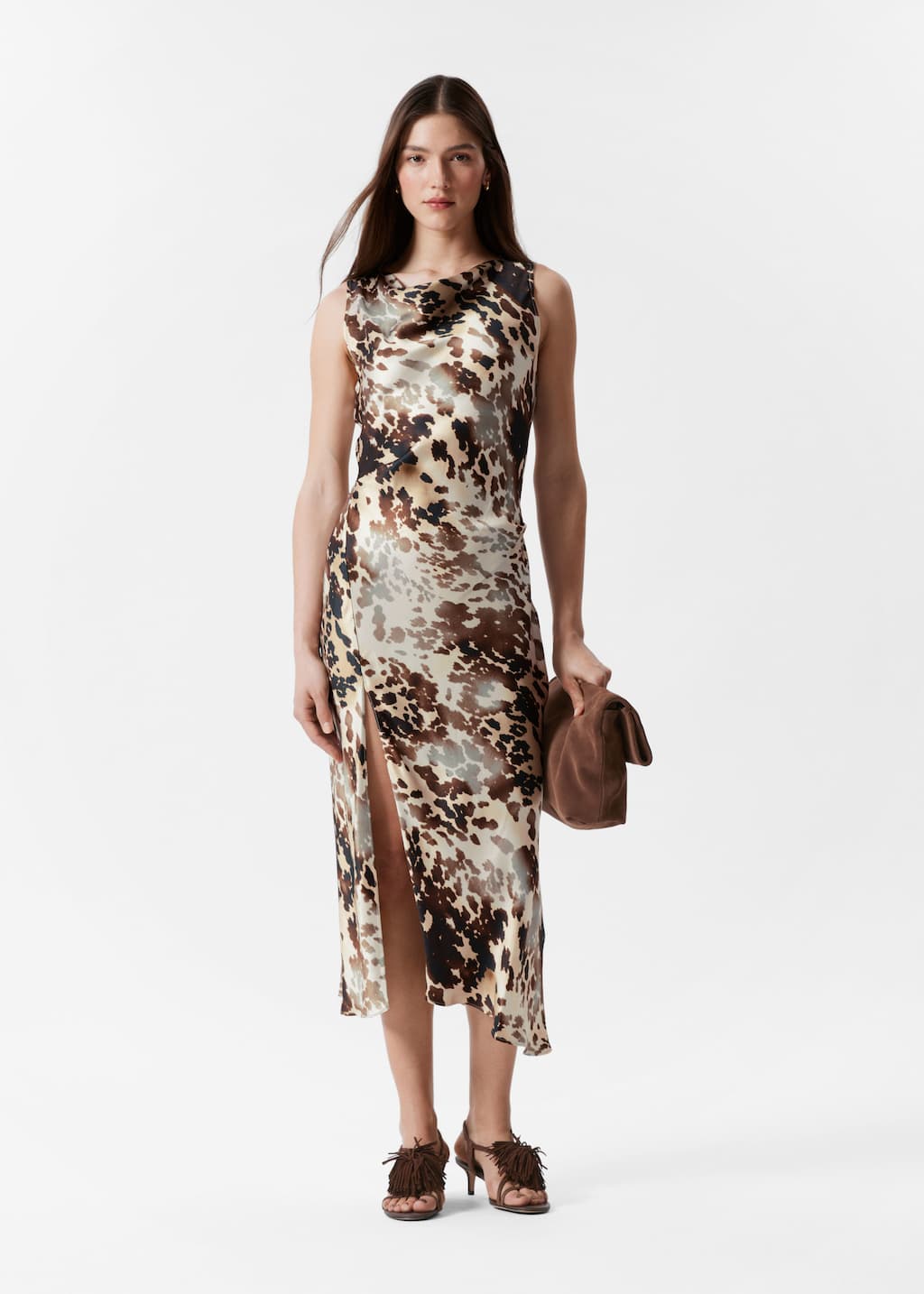 Vestido midi de satén drapeado - Estampado marrón - Lookbook