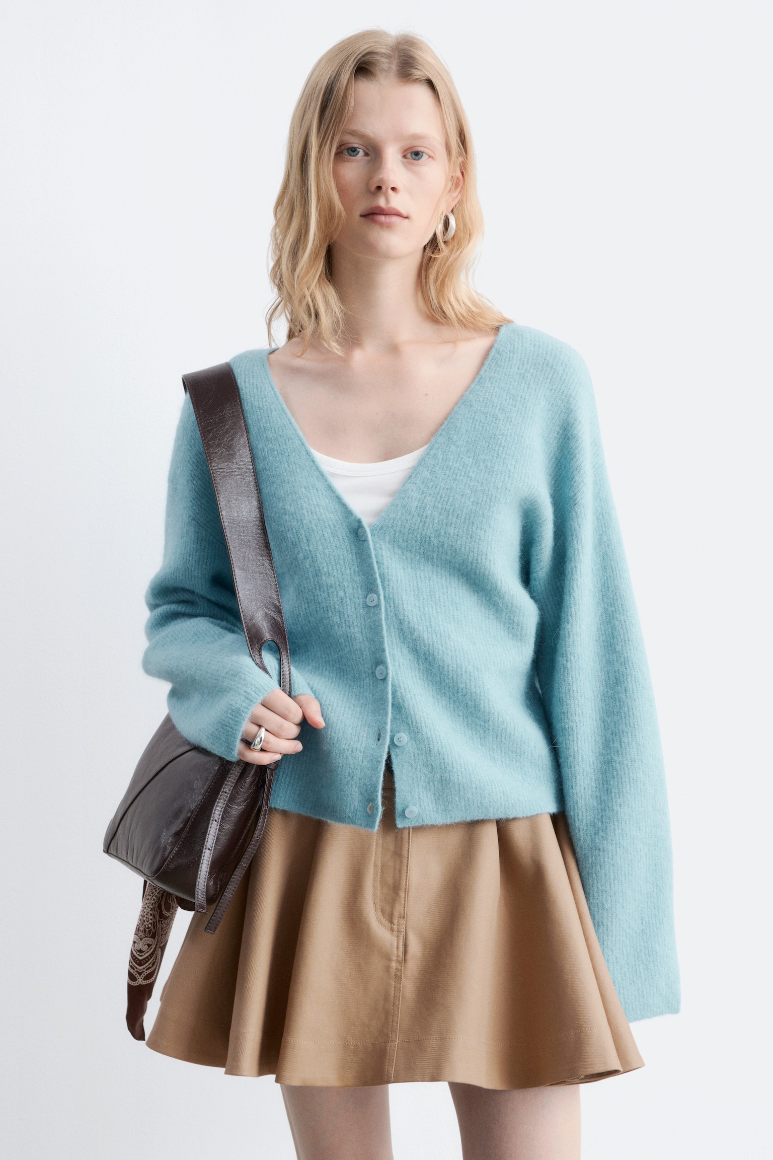Cardigan in misto alpaca - Turchese chiaro/Beige chiaro - 1