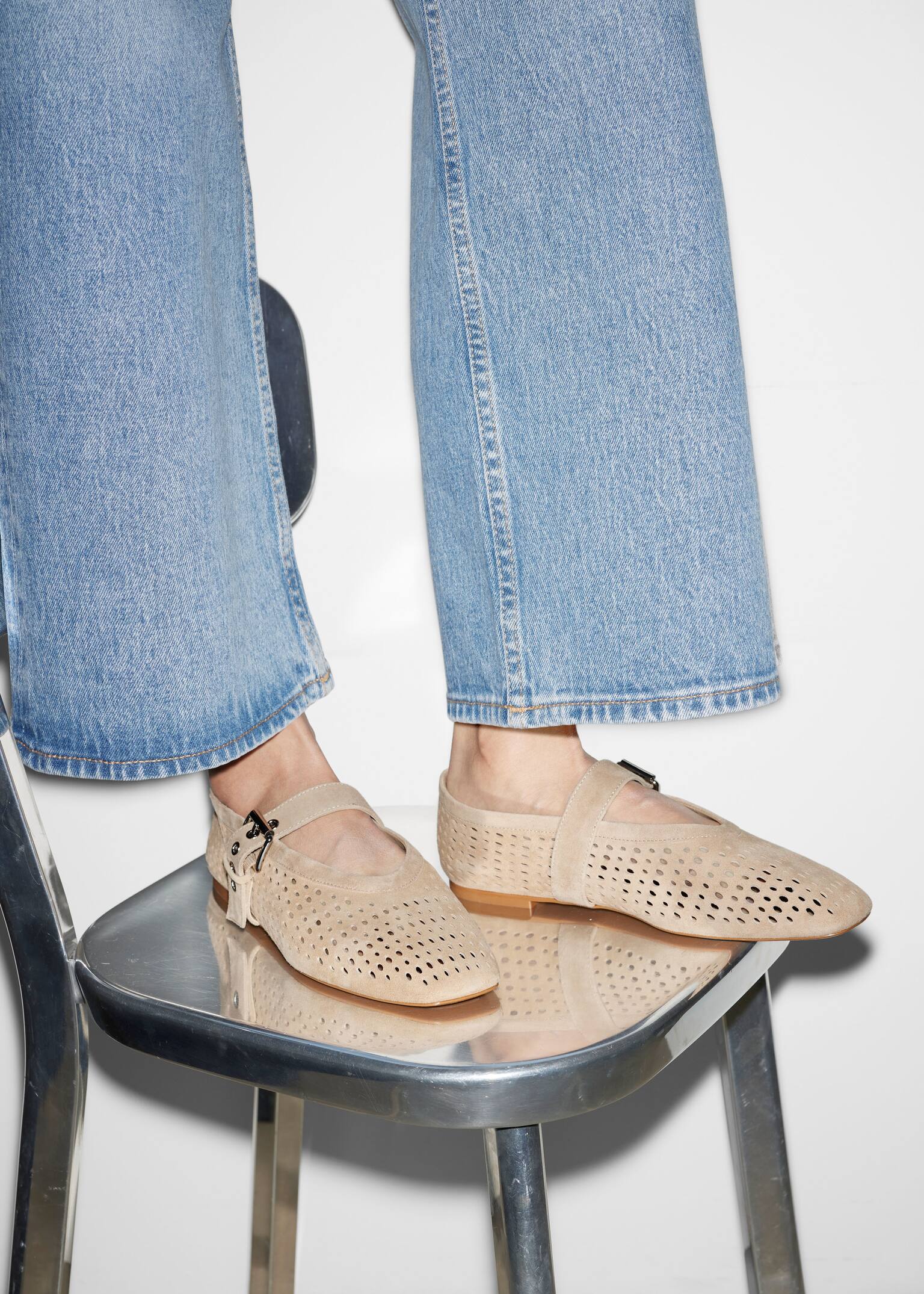 Mary-Jane Ballet Flats - Beige/Baby blue/Brown Suede/Black