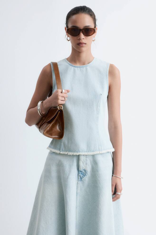 Raw-Edge Denim Top - Light Blue - 1
