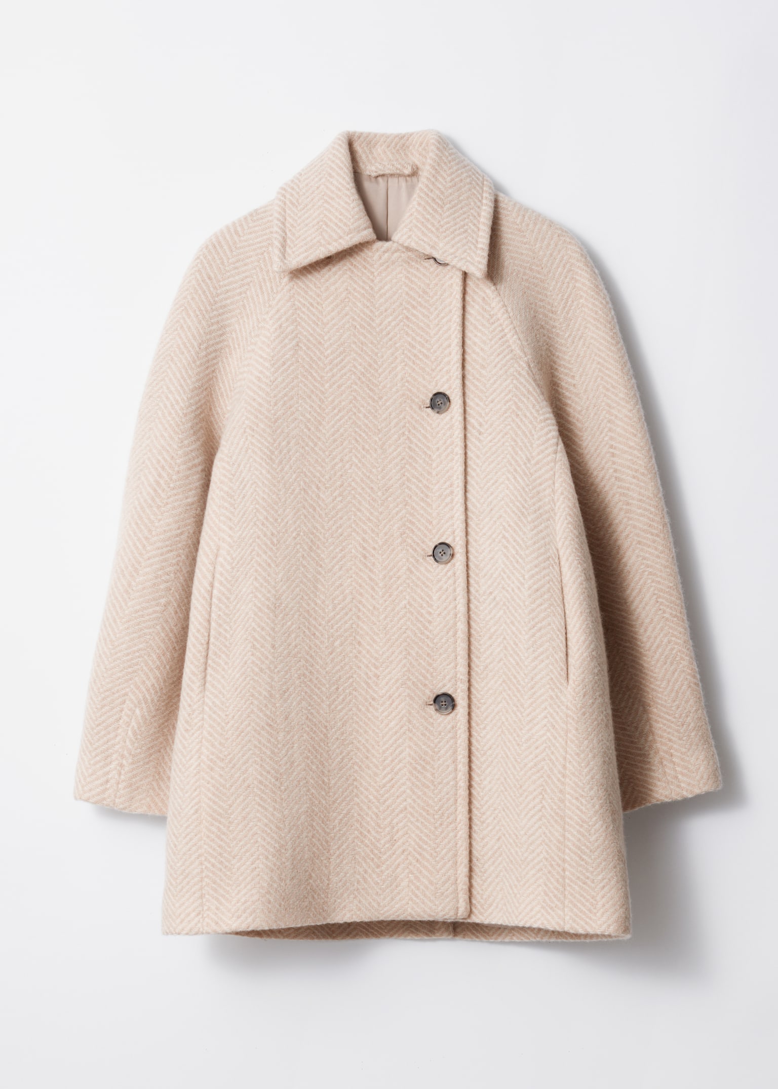 Single-Breasted Mid-Length Wool Coat - Cream Herringbone-patterned