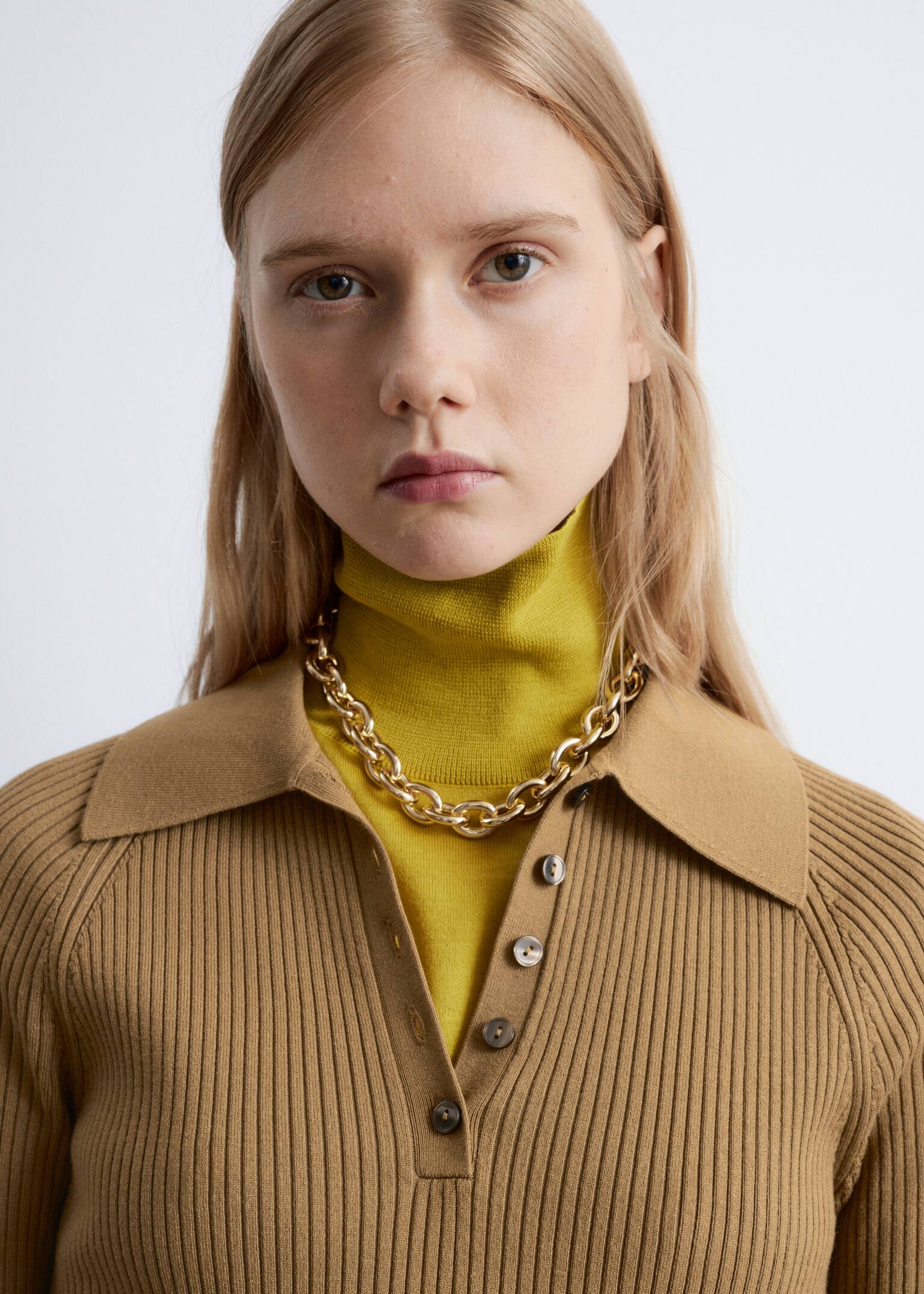 Sukienka midi polo z dzianiny w prążki - Ciemny beż/Ciemnobrązowy - 3