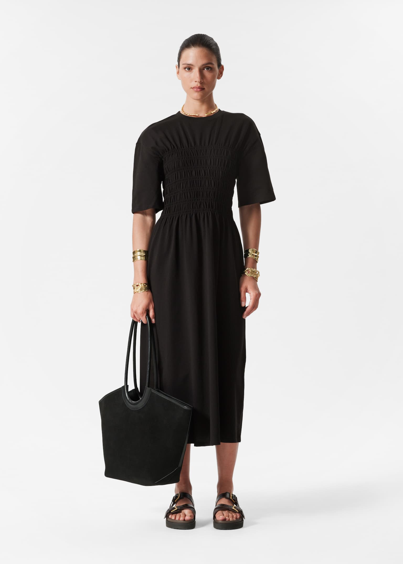 Smocked Midi Dress - Black/White