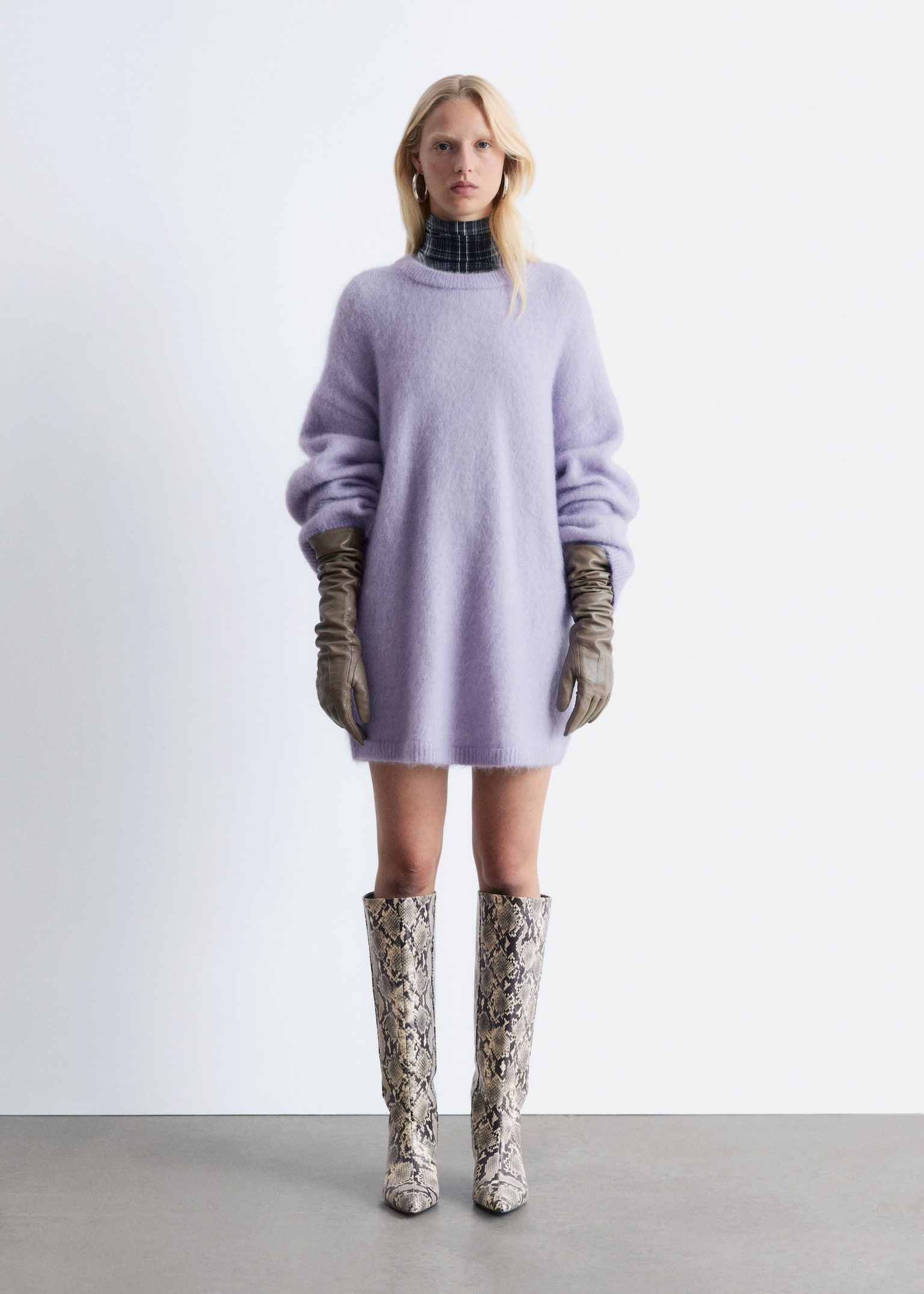 Kitten Heel Leather Knee Boots - Light Beige Snake/Dark Brown/Black
