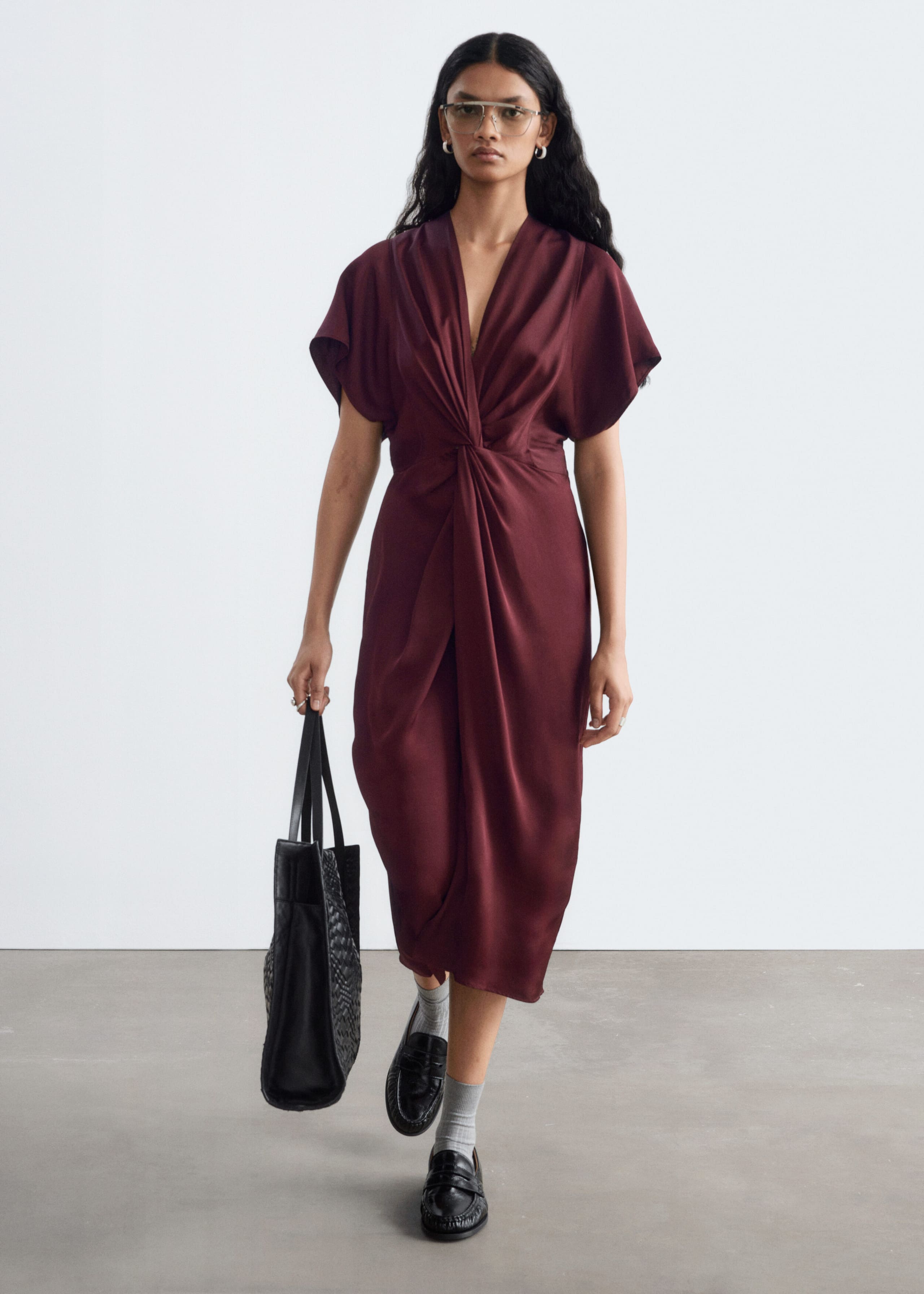 Twist-Waist Midi Dress - Dark Red - Lookbook