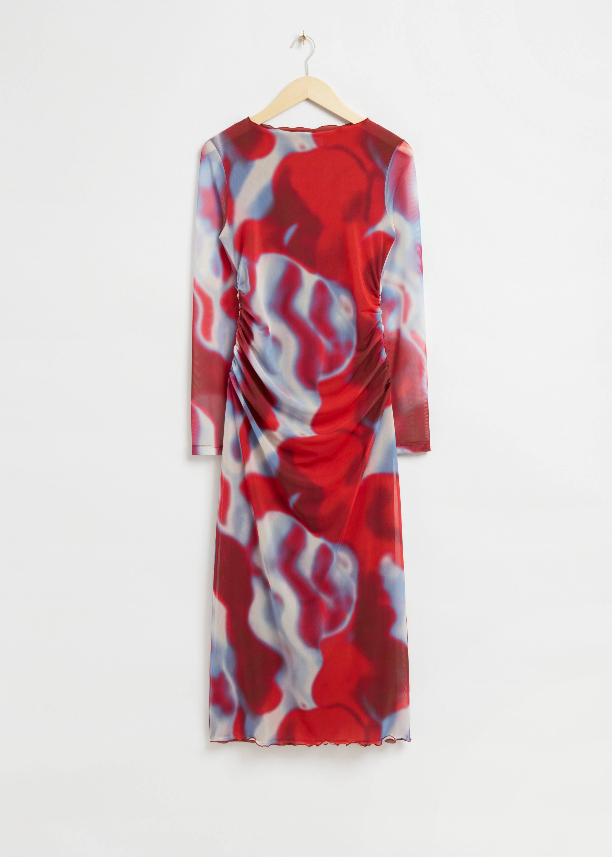 Ruched Frilled Edge Mesh Dress - Red/Blue/White Print - Natura morta