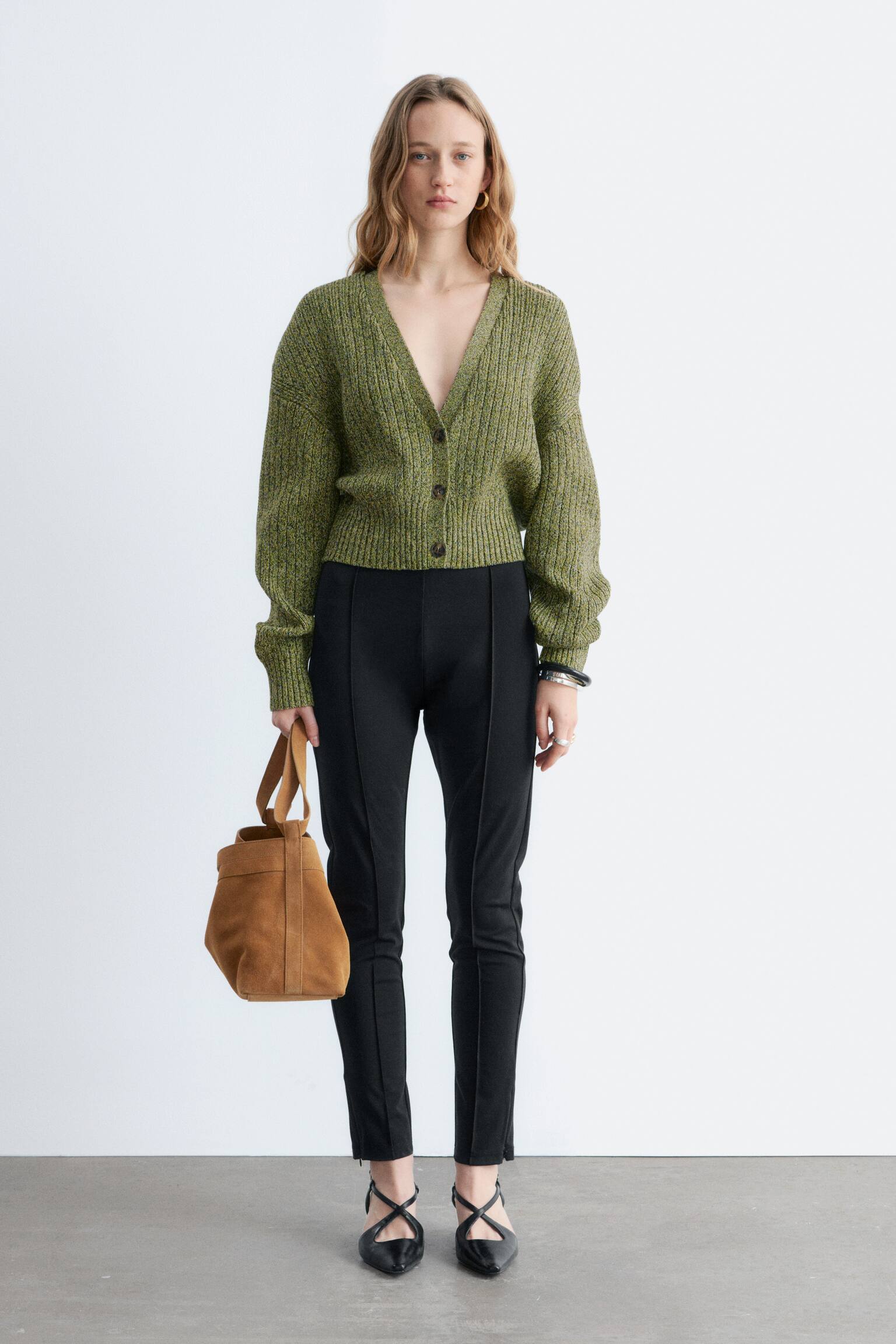 Cardigan in cotone con lavorazione a coste - Verde screziato/Giallo tenue - 3