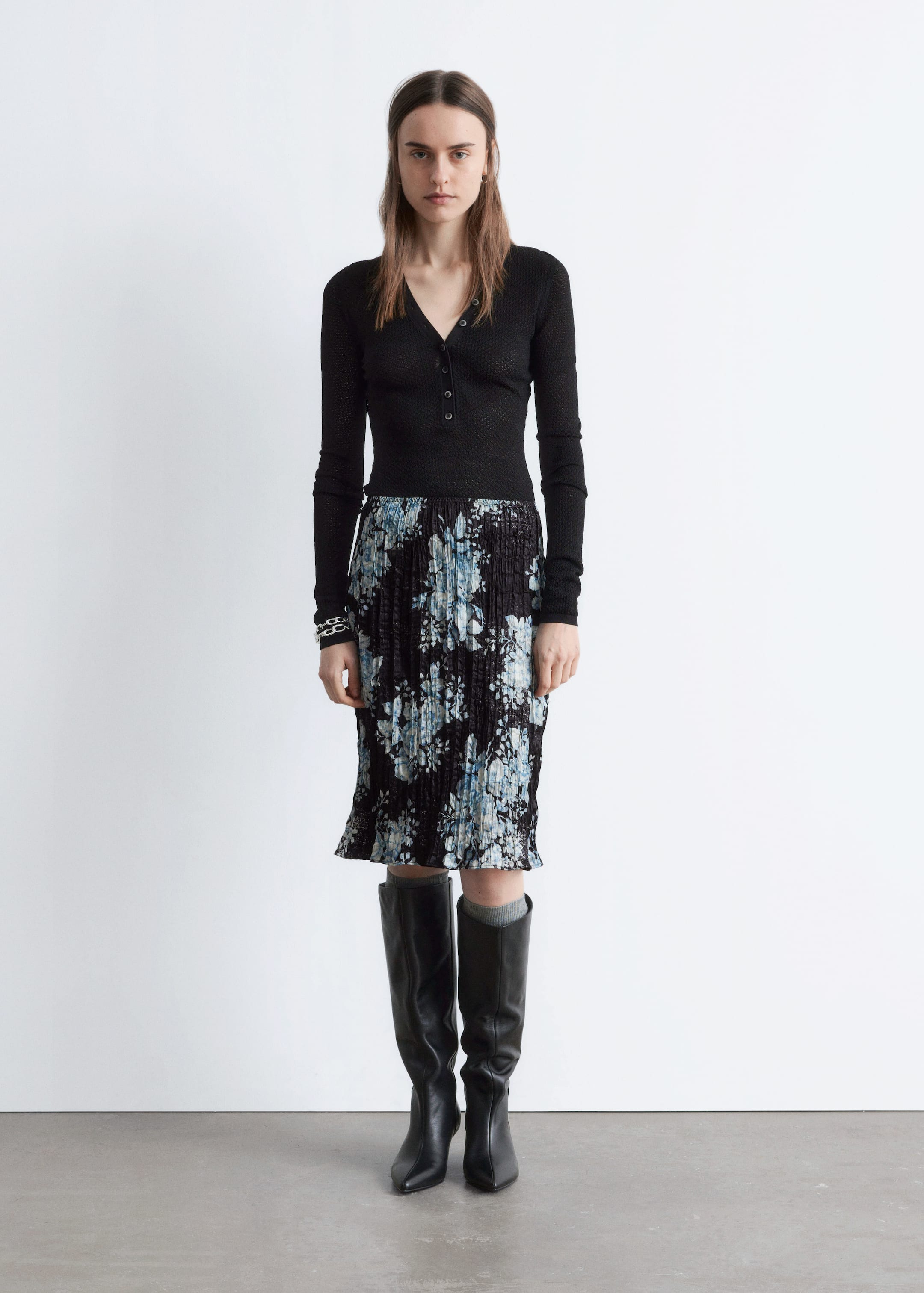 Ingrandisci l'immagine: Knee-Length Crêpe Skirt - Black/Floral - DONNA | H&M CH 1