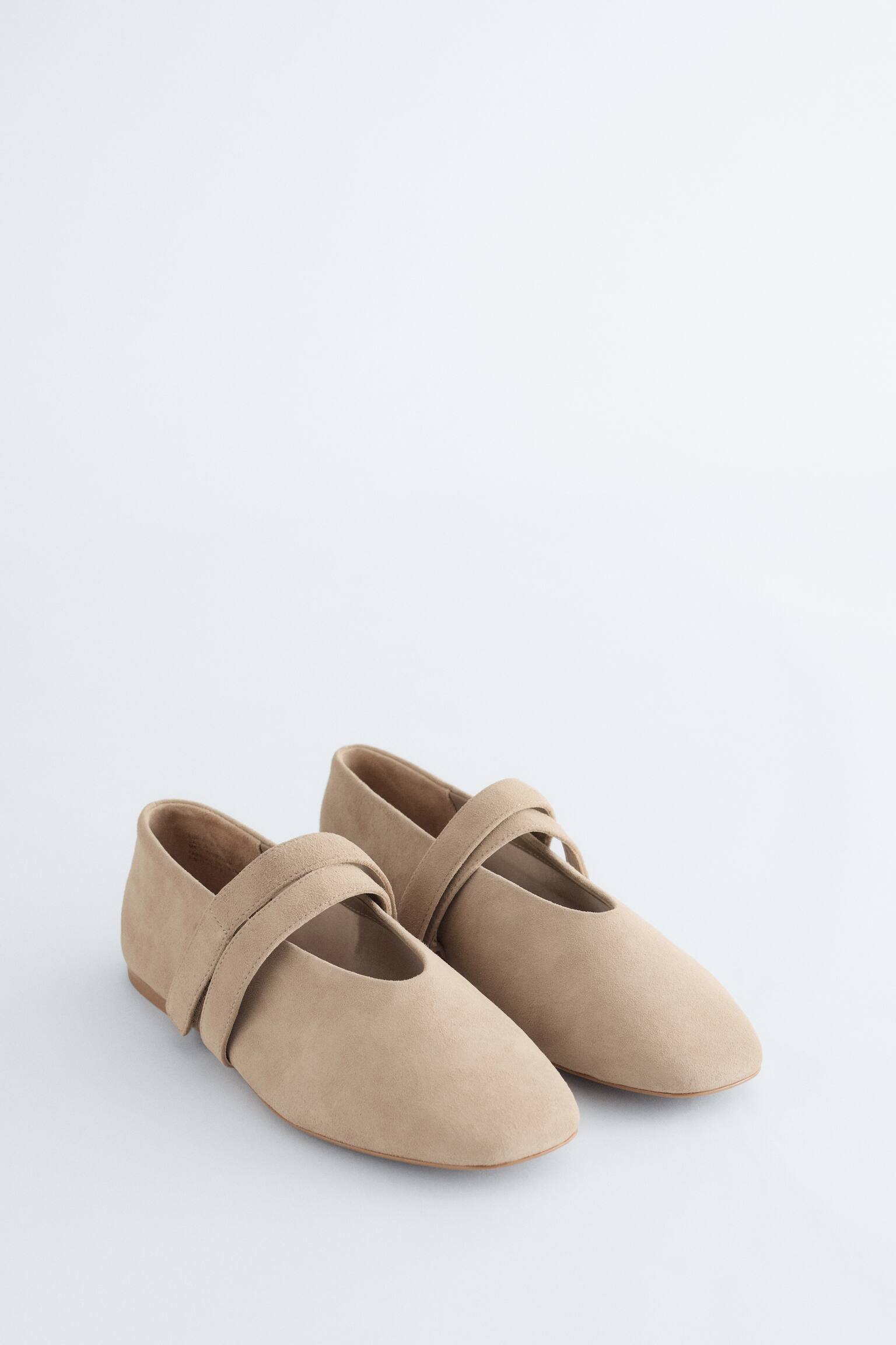 Cross-Strap Leather Ballet Flats - זמש בז'/Black Leather - 4