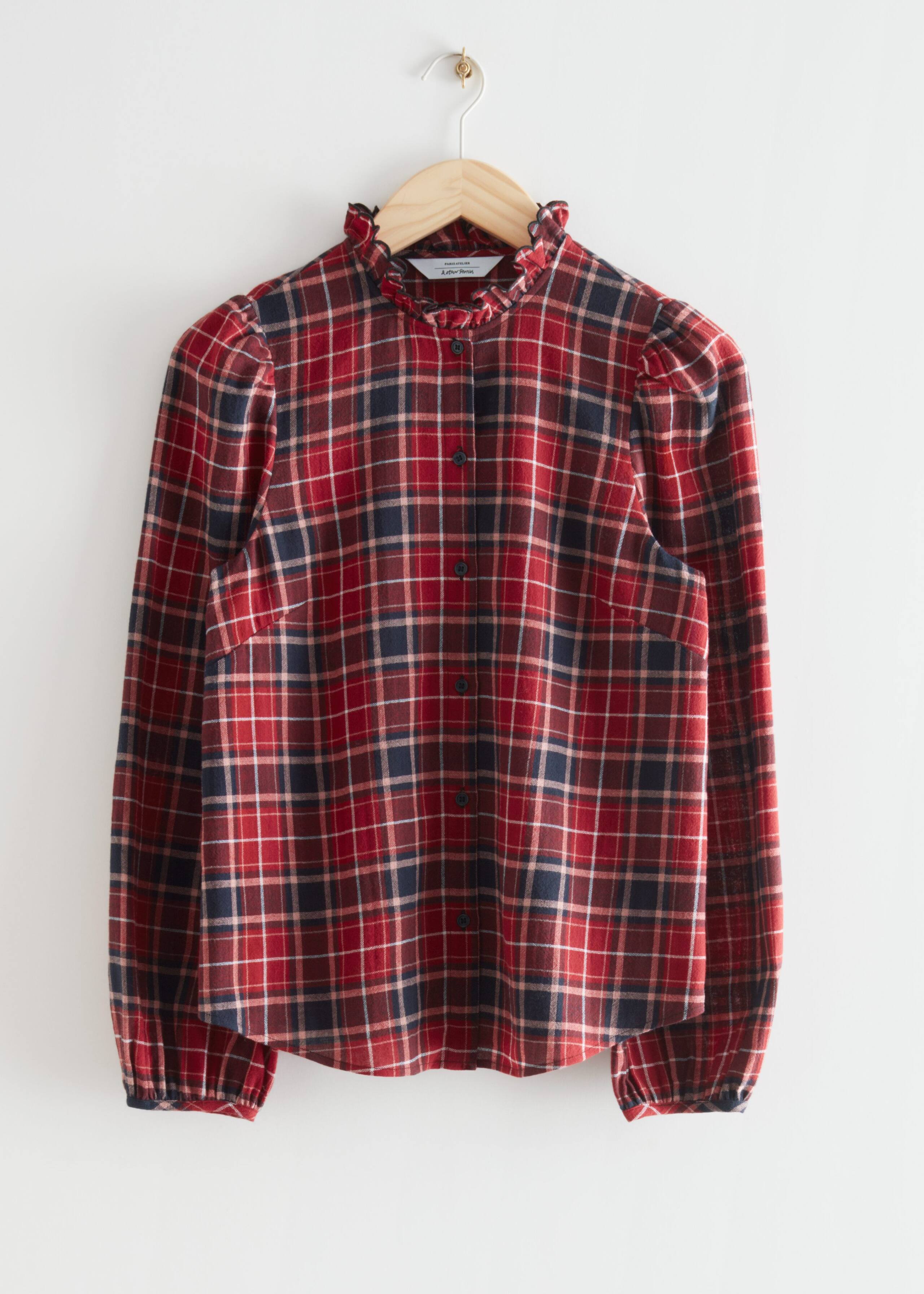 Embroidered Puff Sleeve Blouse - Red Checks - Natura morta