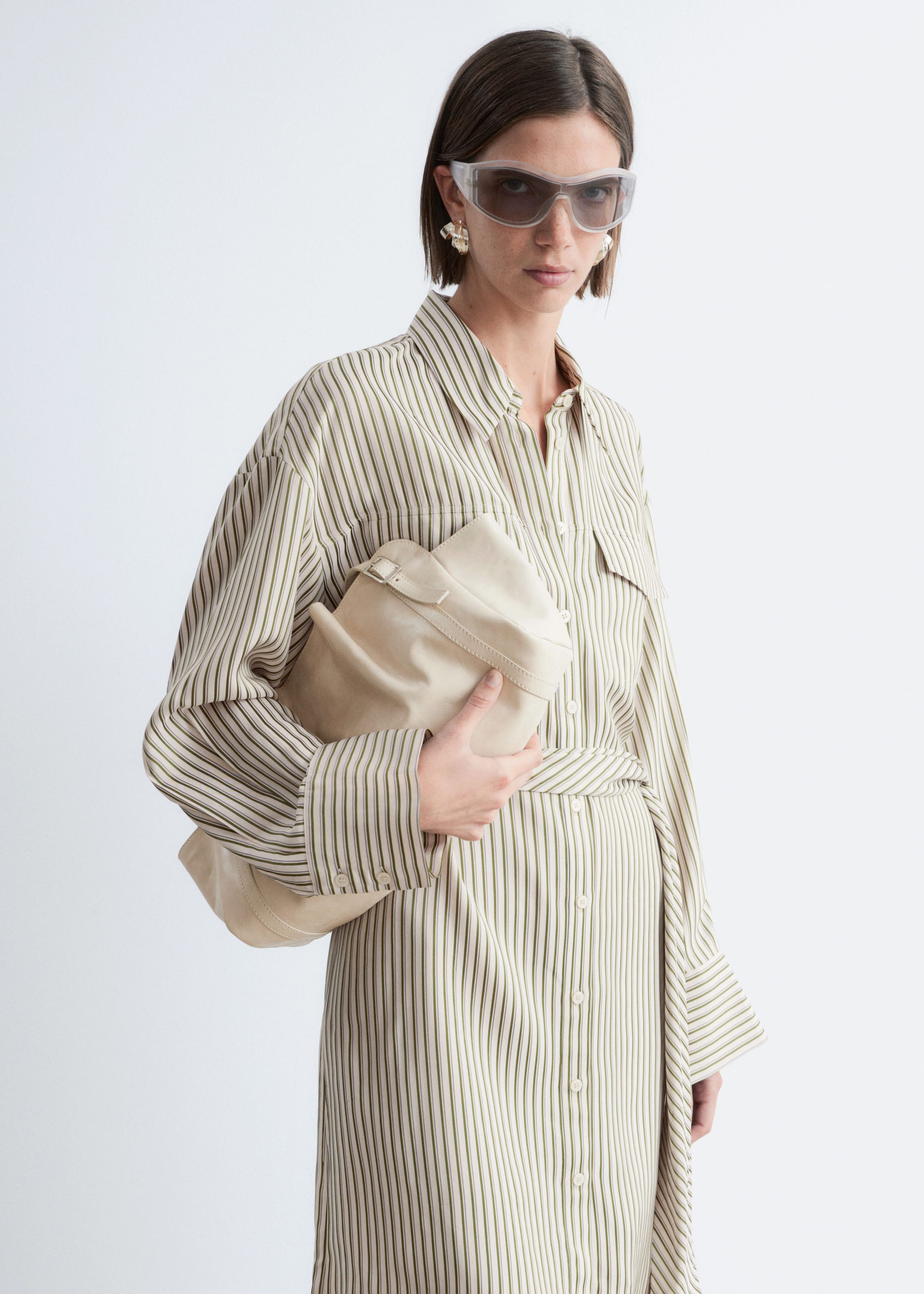 Tie-Belt Mini Shirt Dress - White/Green Pinstripes - Lookbook