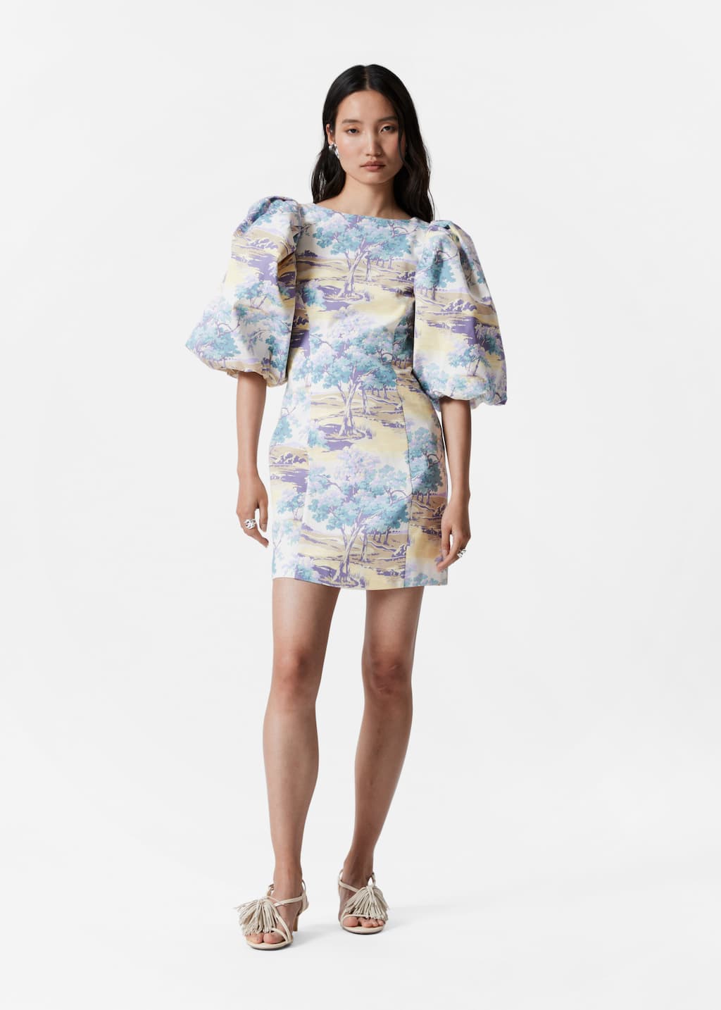 Puff-Sleeve Mini Dress - Yellow Pattern - Lookbook