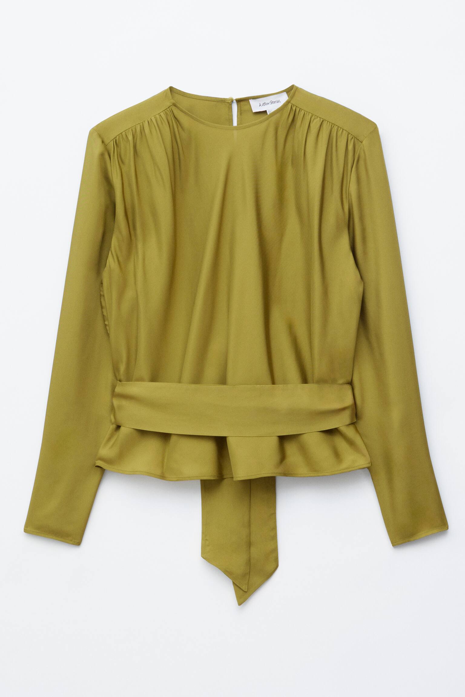 Rynket bluse med bindebælte - Olivengrøn/Hvid/diagonale striber - 2