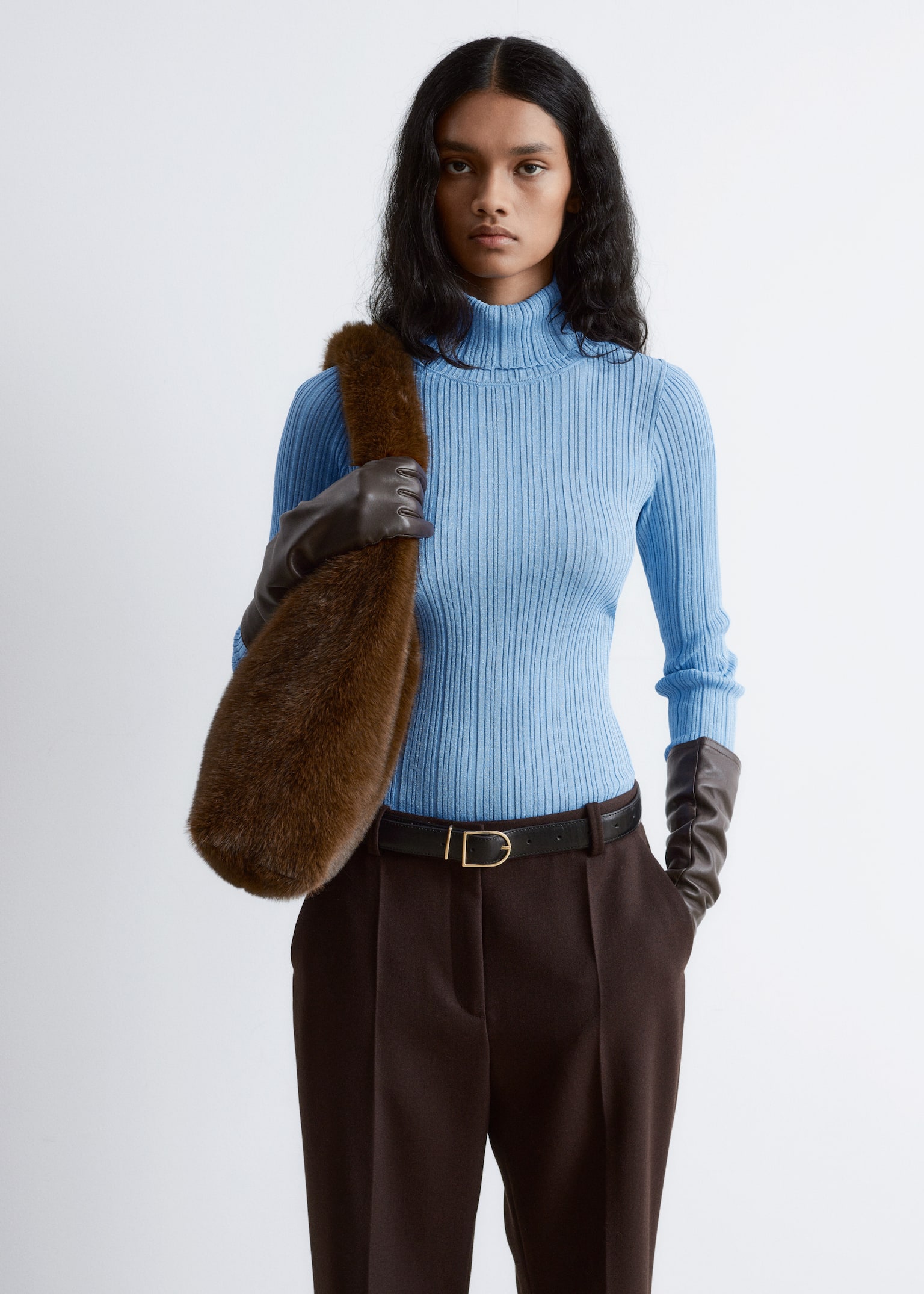 Rib-Knit Lurex Turtleneck - Light Blue/Dark Brown/Dark Turquoise